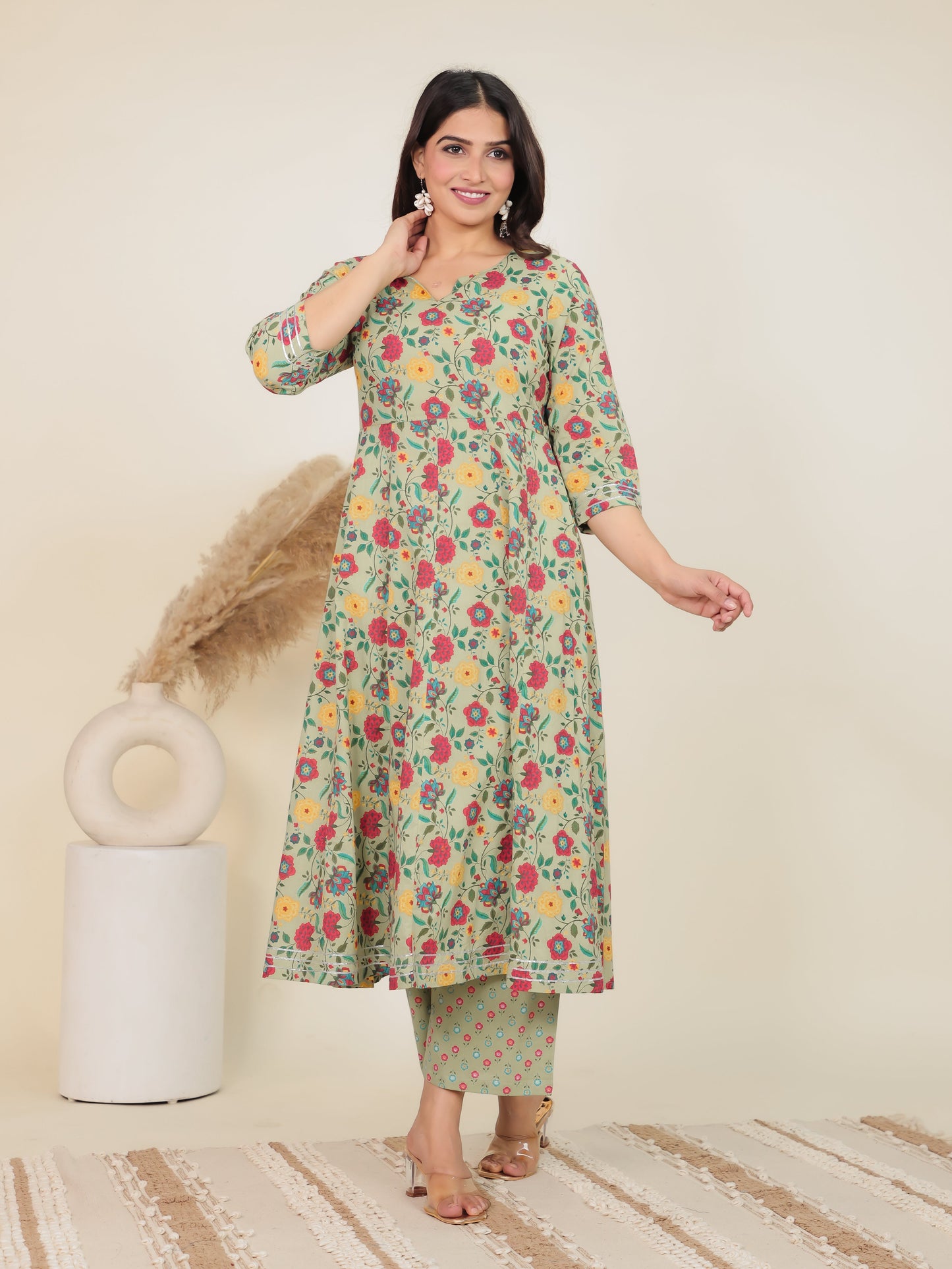Soft Cotton Floral Anarkali Green Kurta