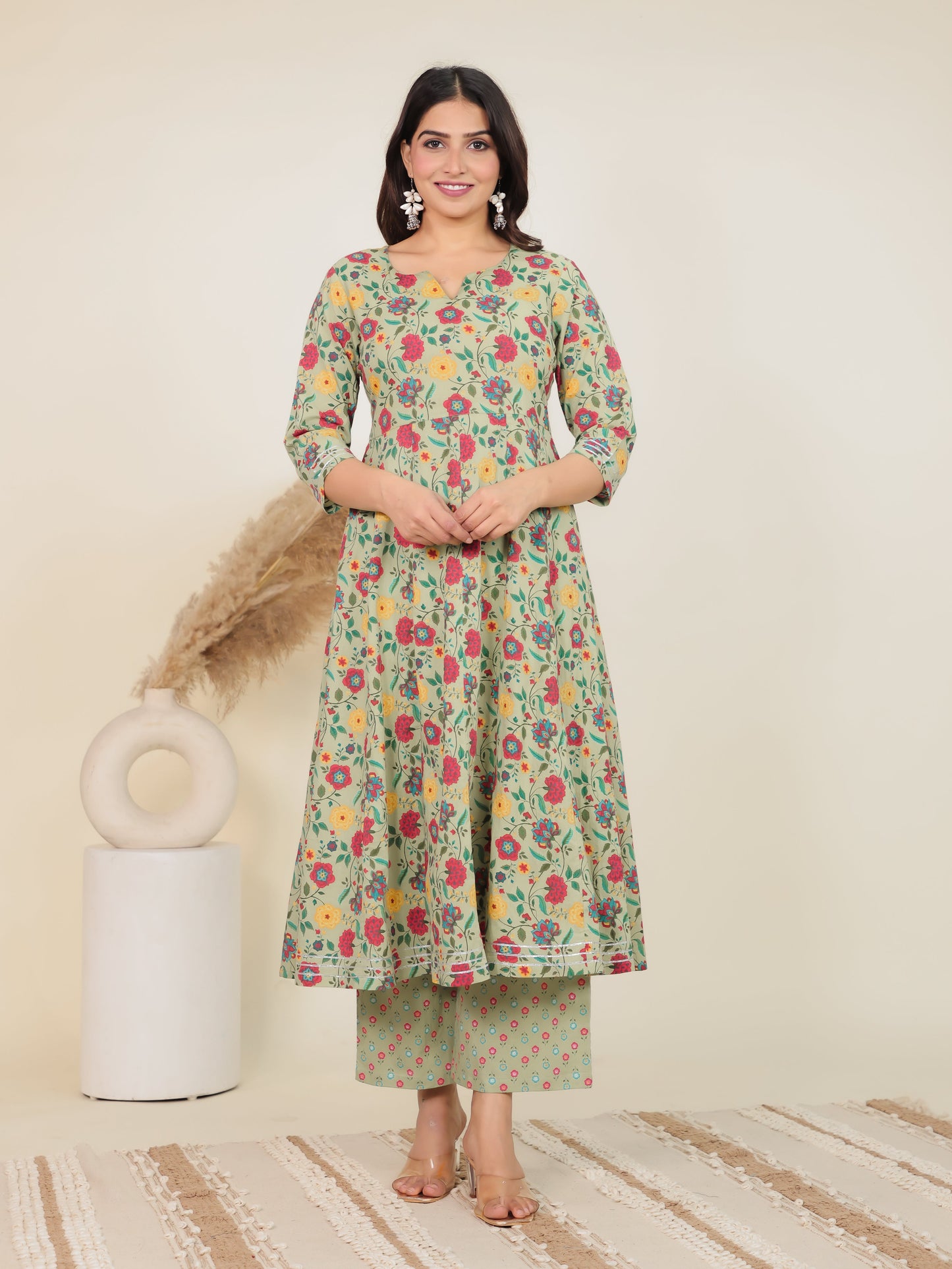 Soft Cotton Floral Anarkali Green Kurta