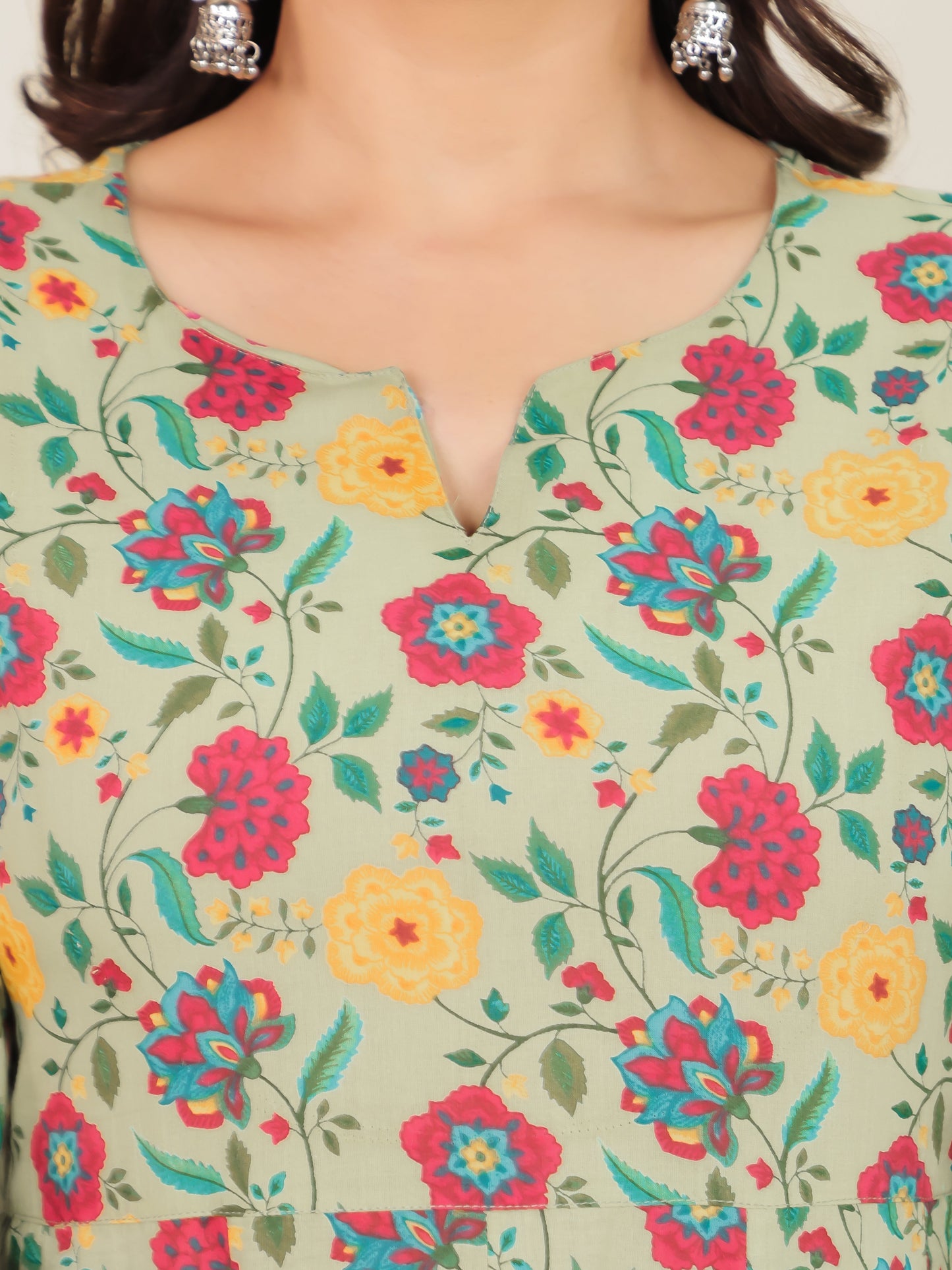 Soft Cotton Floral Anarkali Green Kurta