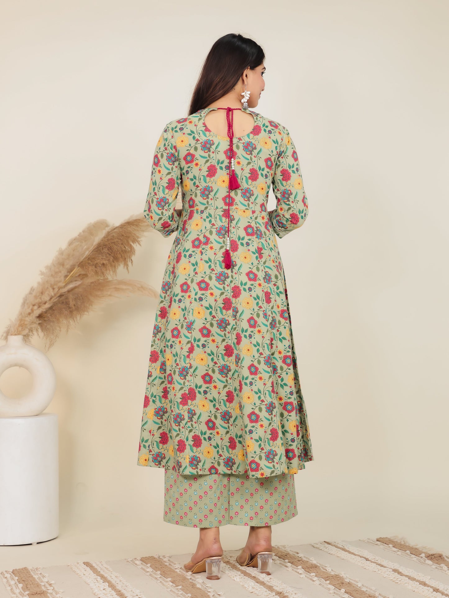 Soft Cotton Floral Anarkali Green Kurta
