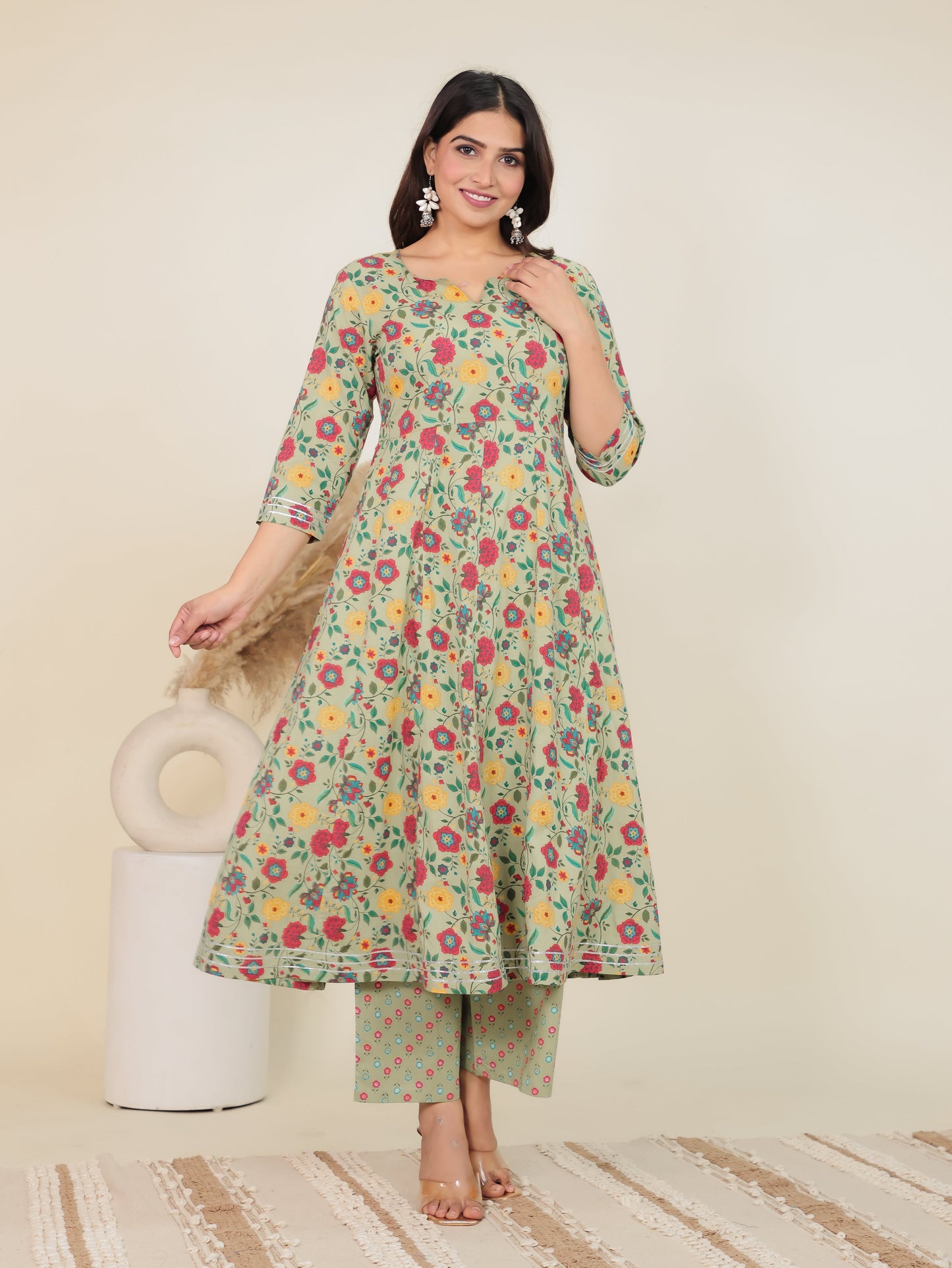 Soft Cotton Floral Anarkali Green Kurta