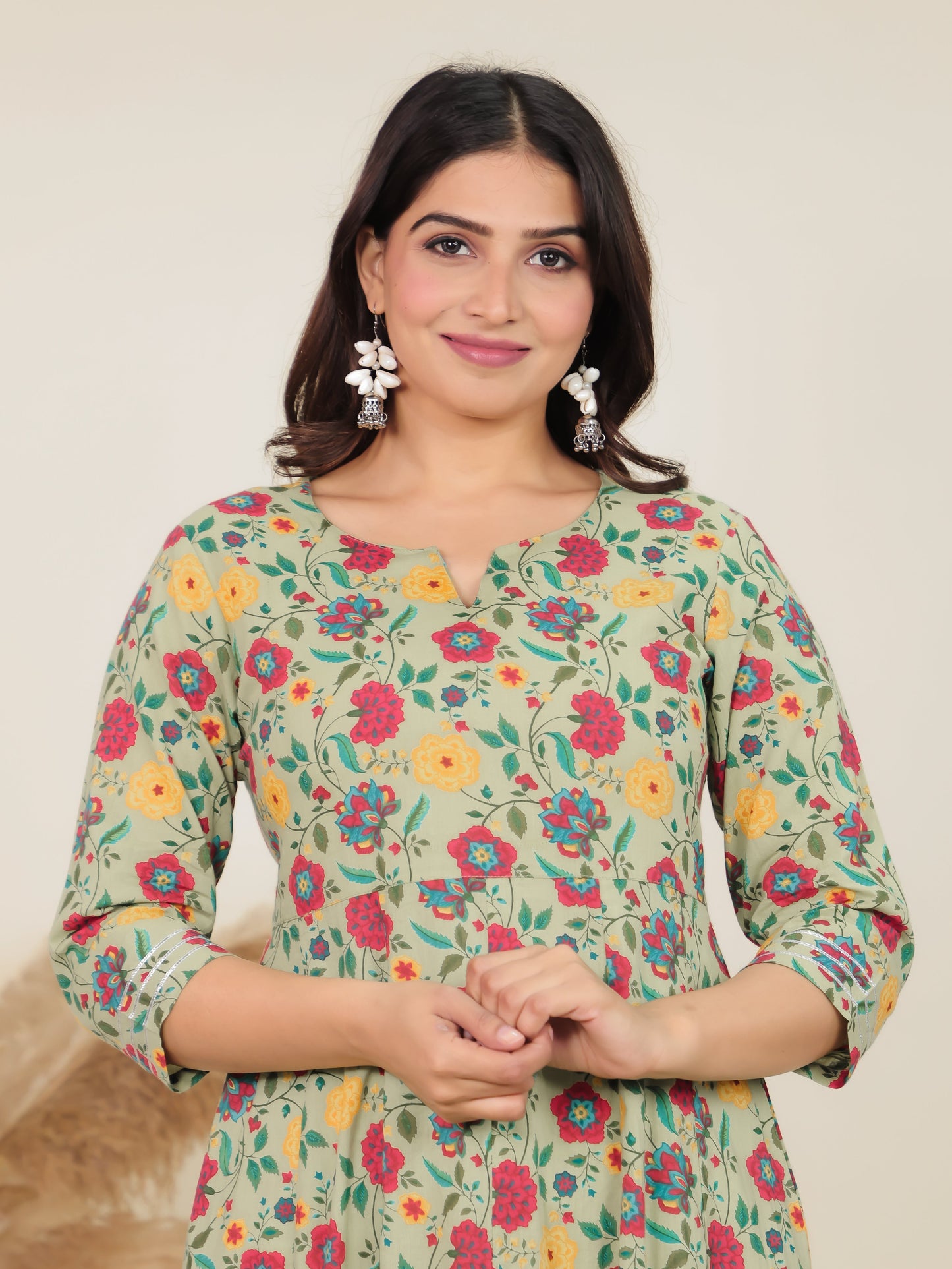 Soft Cotton Floral Anarkali Green Kurta