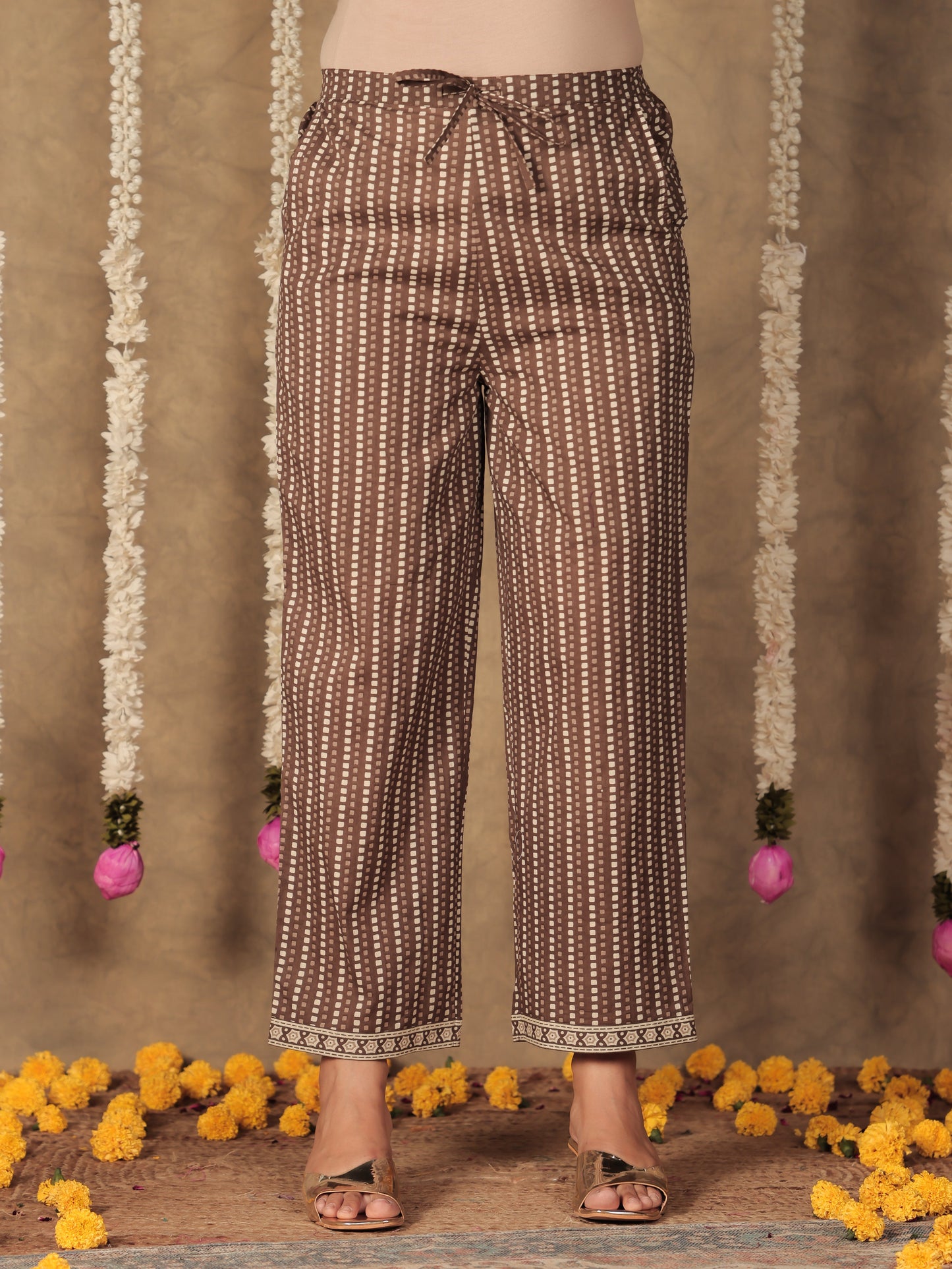 Soft Cotton Striped Brown Straight Trousers