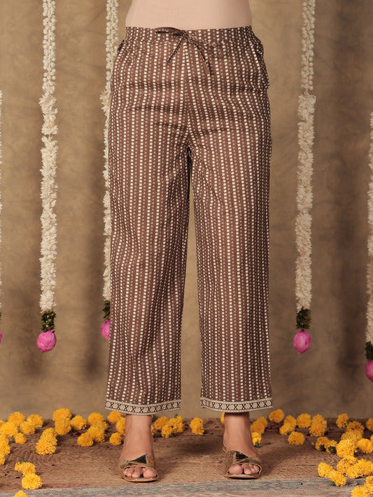 Soft Cotton Striped Brown Straight Trousers