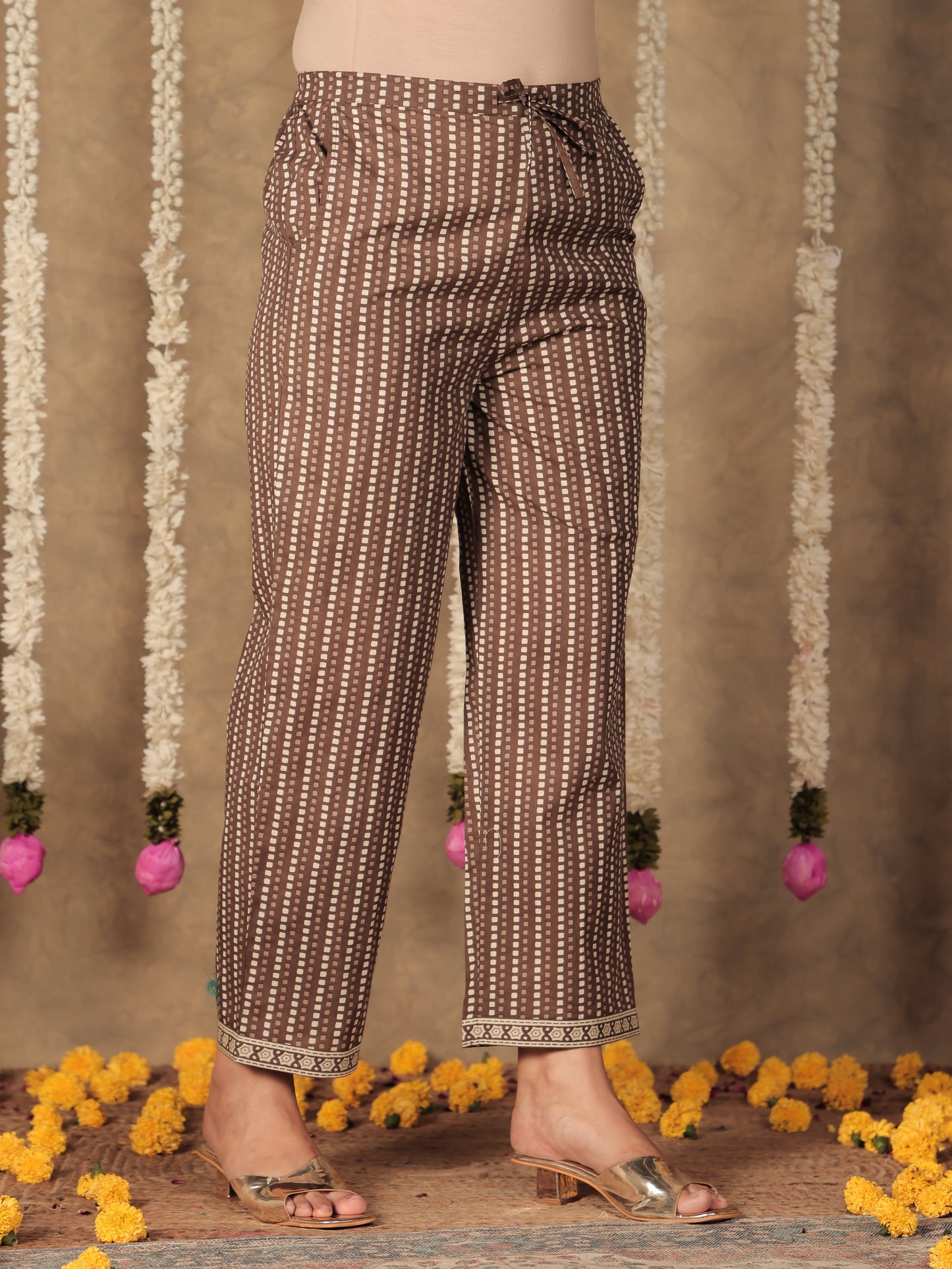 Soft Cotton Striped Brown Straight Trousers