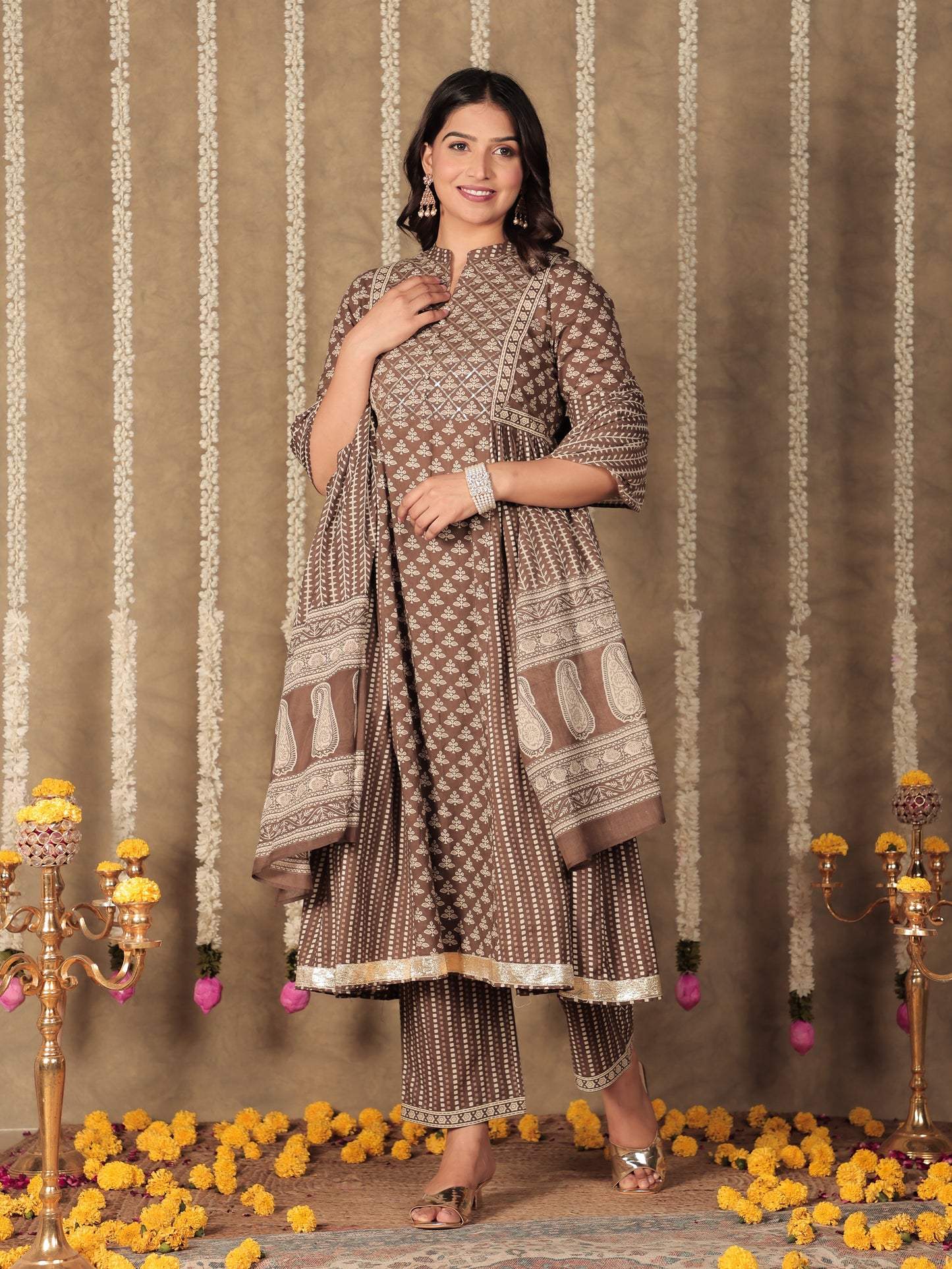 Soft Cotton Floral Panelled Brown Kurta