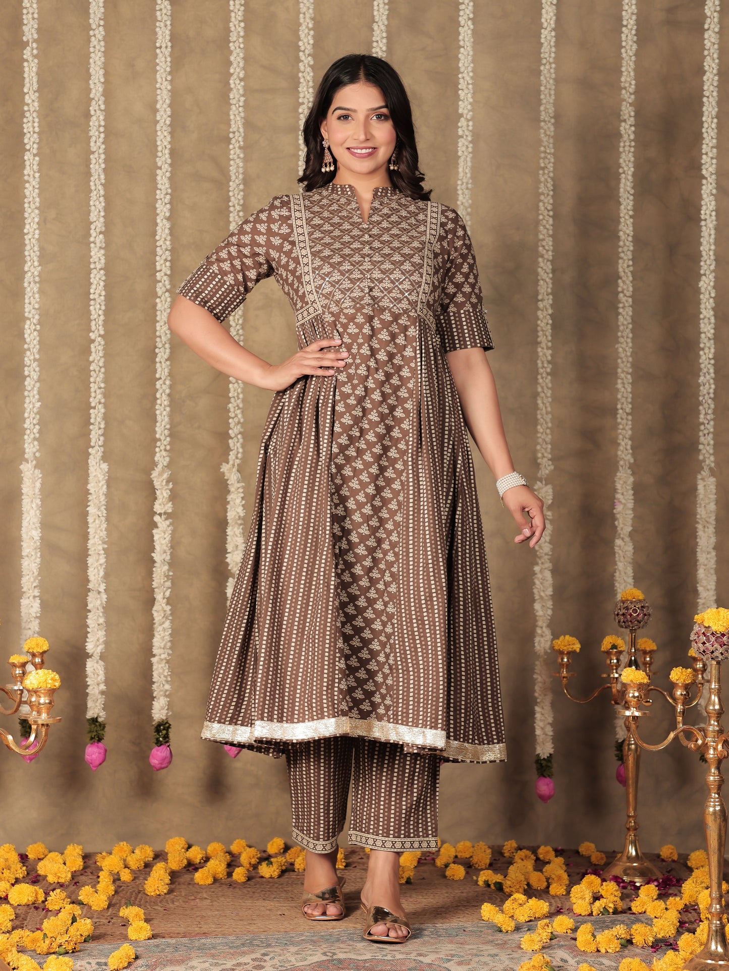 Soft Cotton Floral Panelled Brown Kurta
