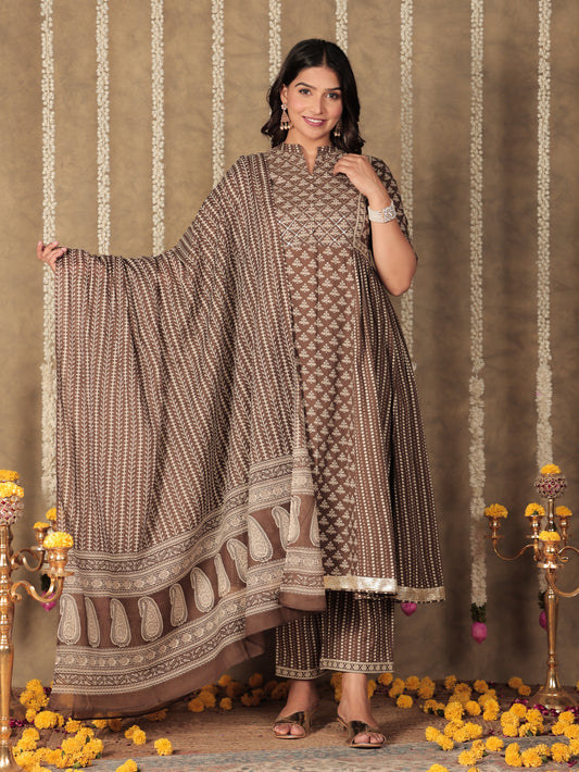 Soft Cotton Floral Panelled Brown Kurta