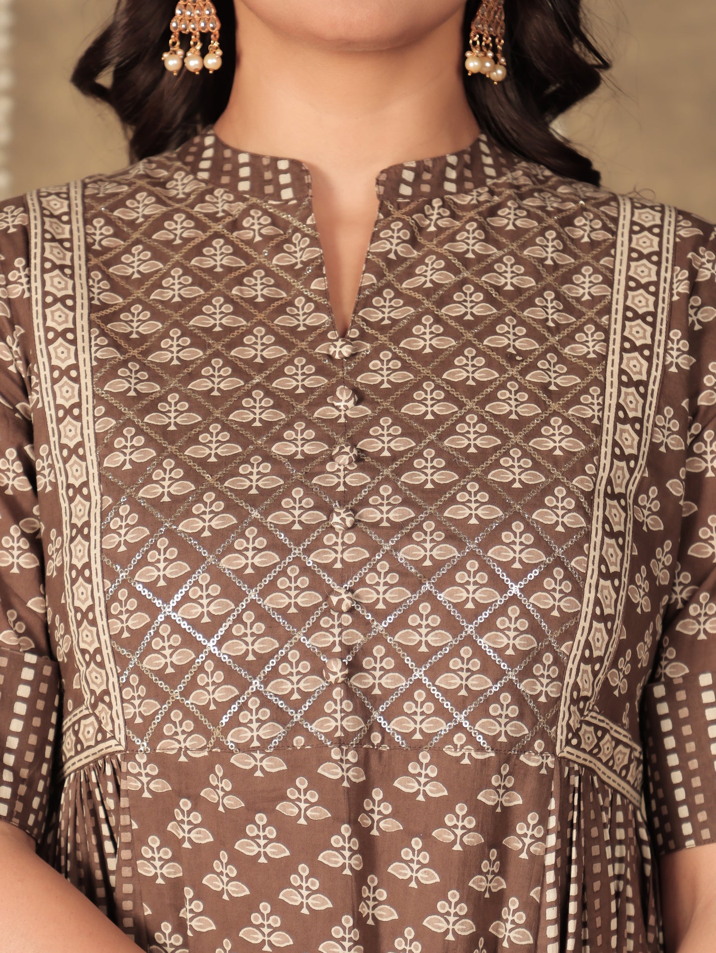 Soft Cotton Floral Panelled Brown Kurta