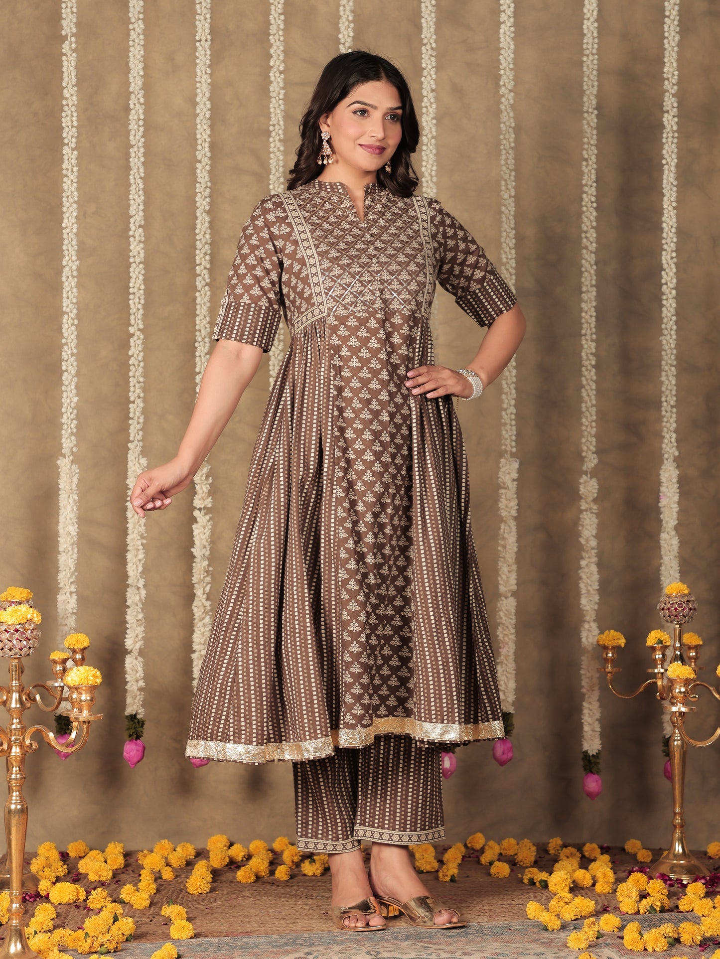 Soft Cotton Floral Panelled Brown Kurta