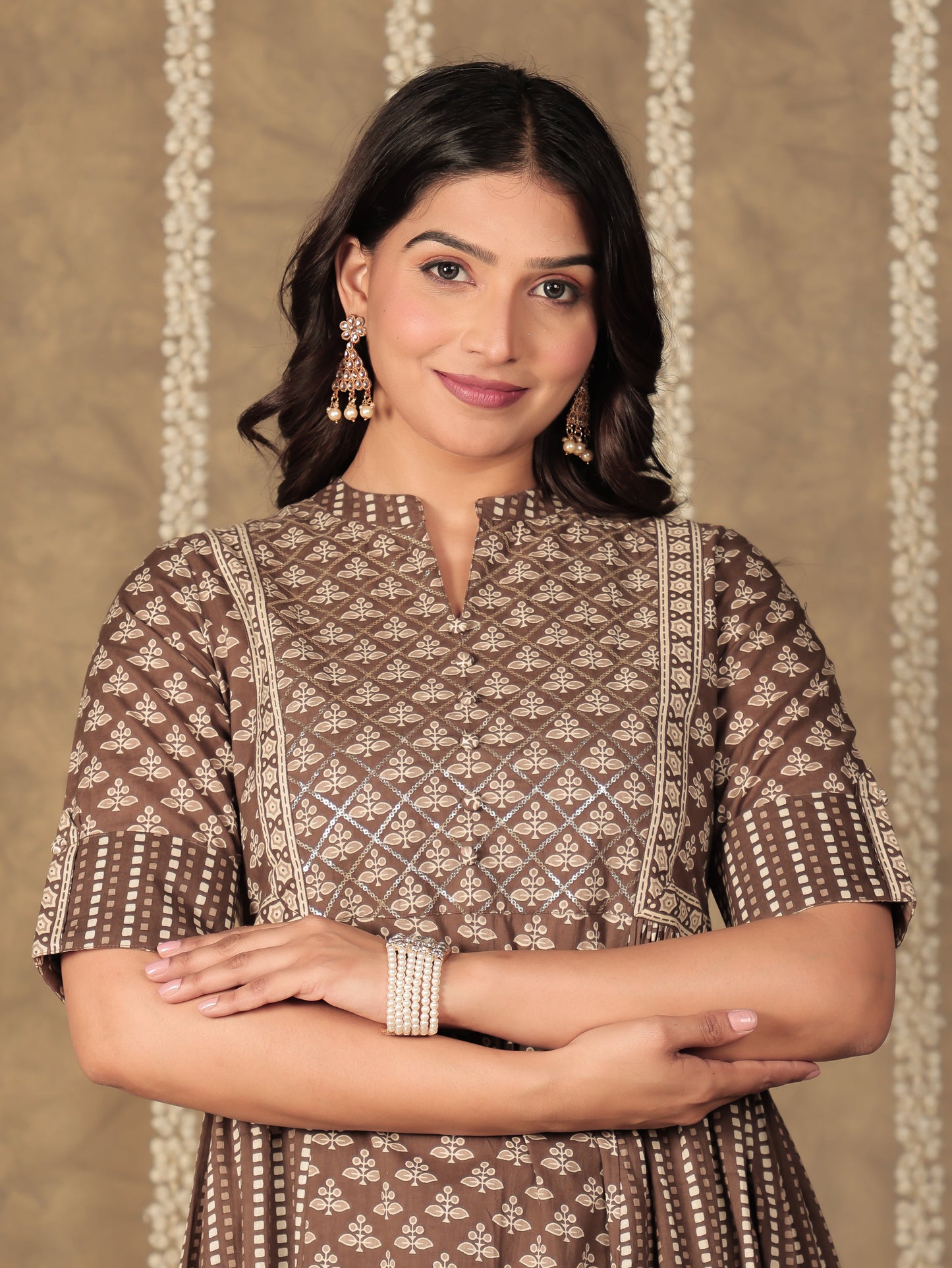 Soft Cotton Floral Panelled Brown Kurta