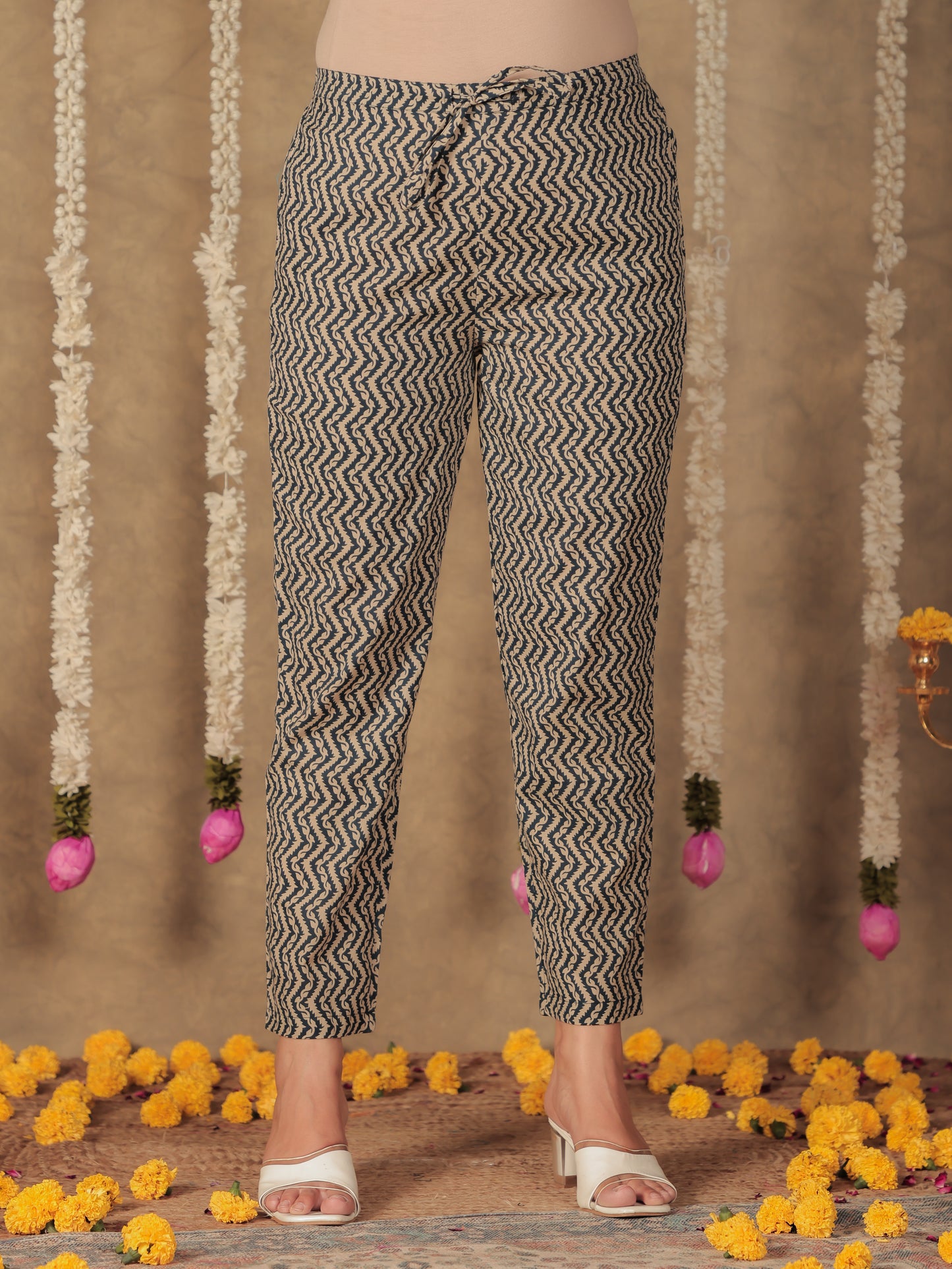 Soft Cotton Geometric Blue Tapered Trousers