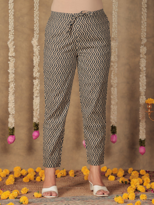 Soft Cotton Geometric Blue Tapered Trousers