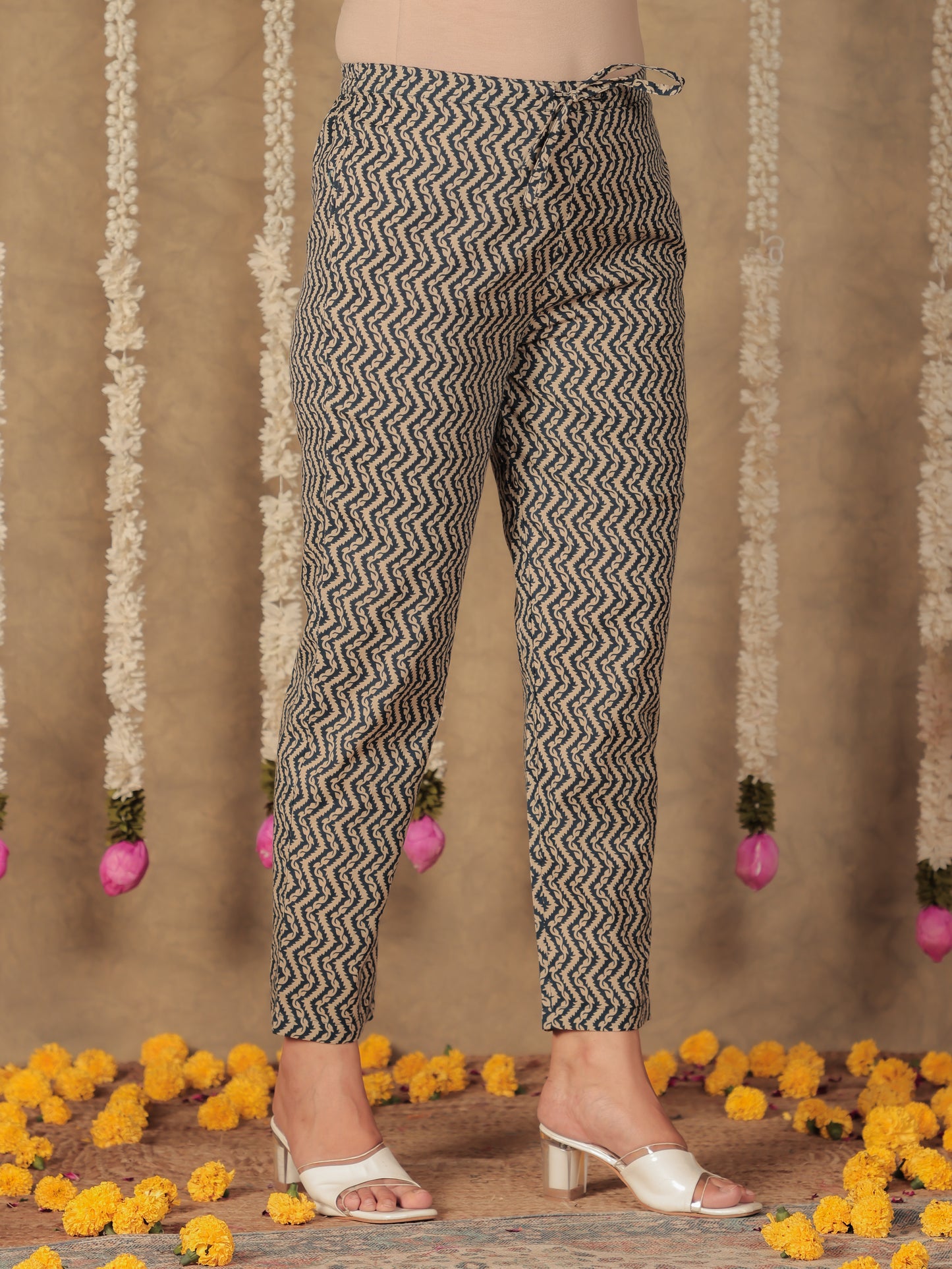 Soft Cotton Geometric Blue Tapered Trousers
