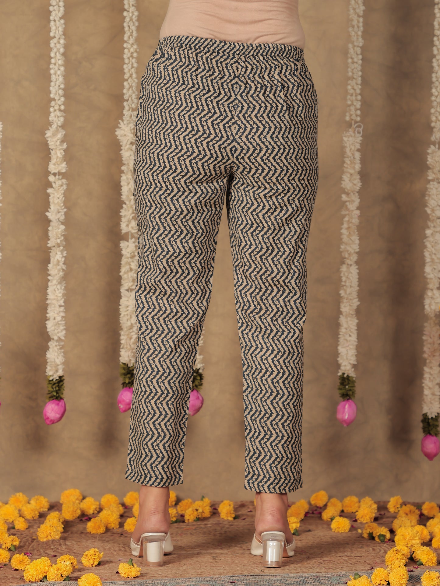 Soft Cotton Geometric Blue Tapered Trousers