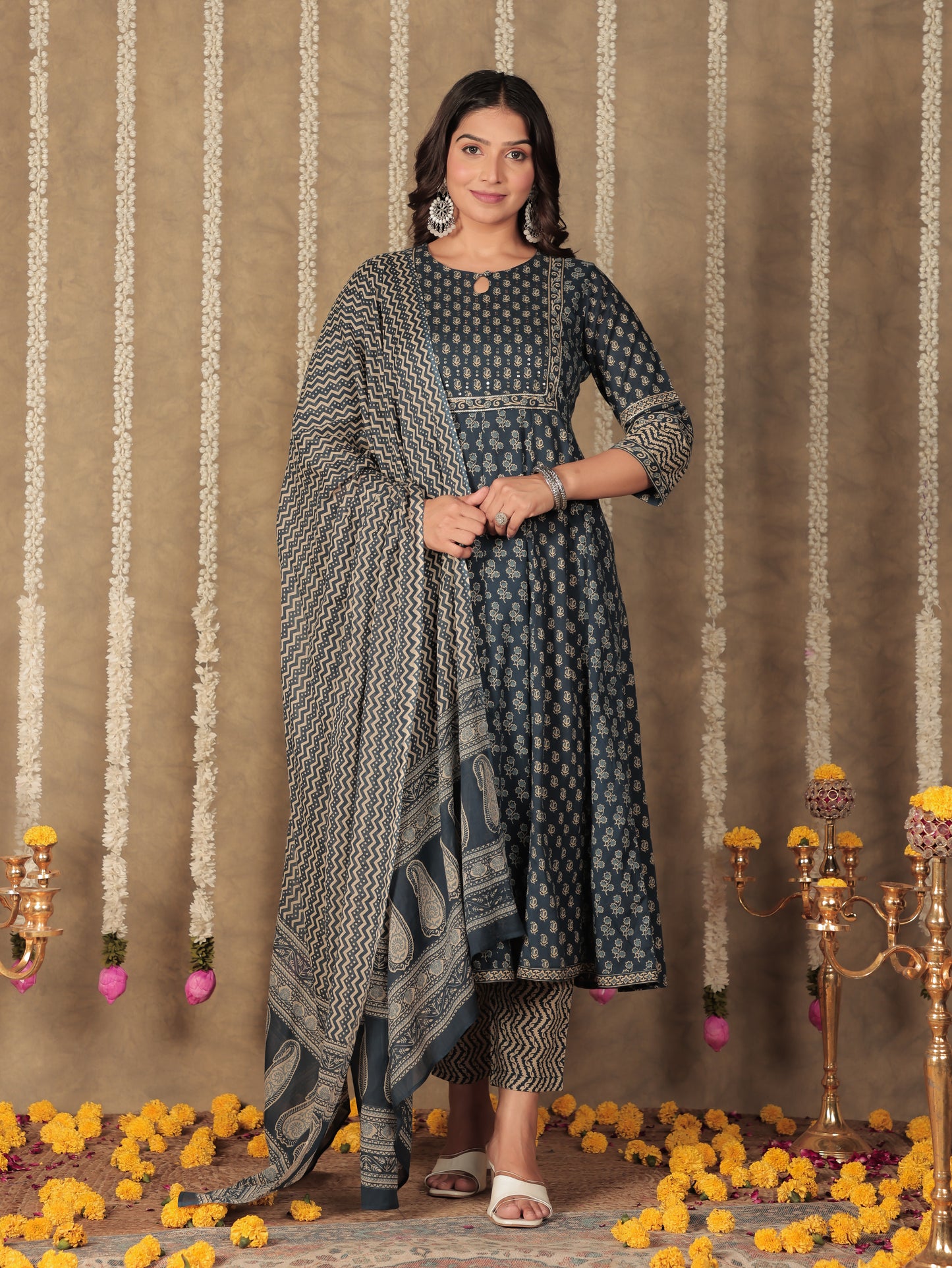 Voile Cotton Geometric Blue Dupatta