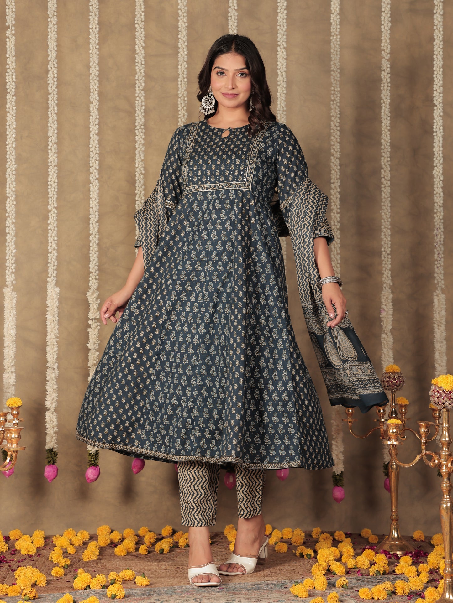 Soft Cotton Block Anarkali Blue Kurta