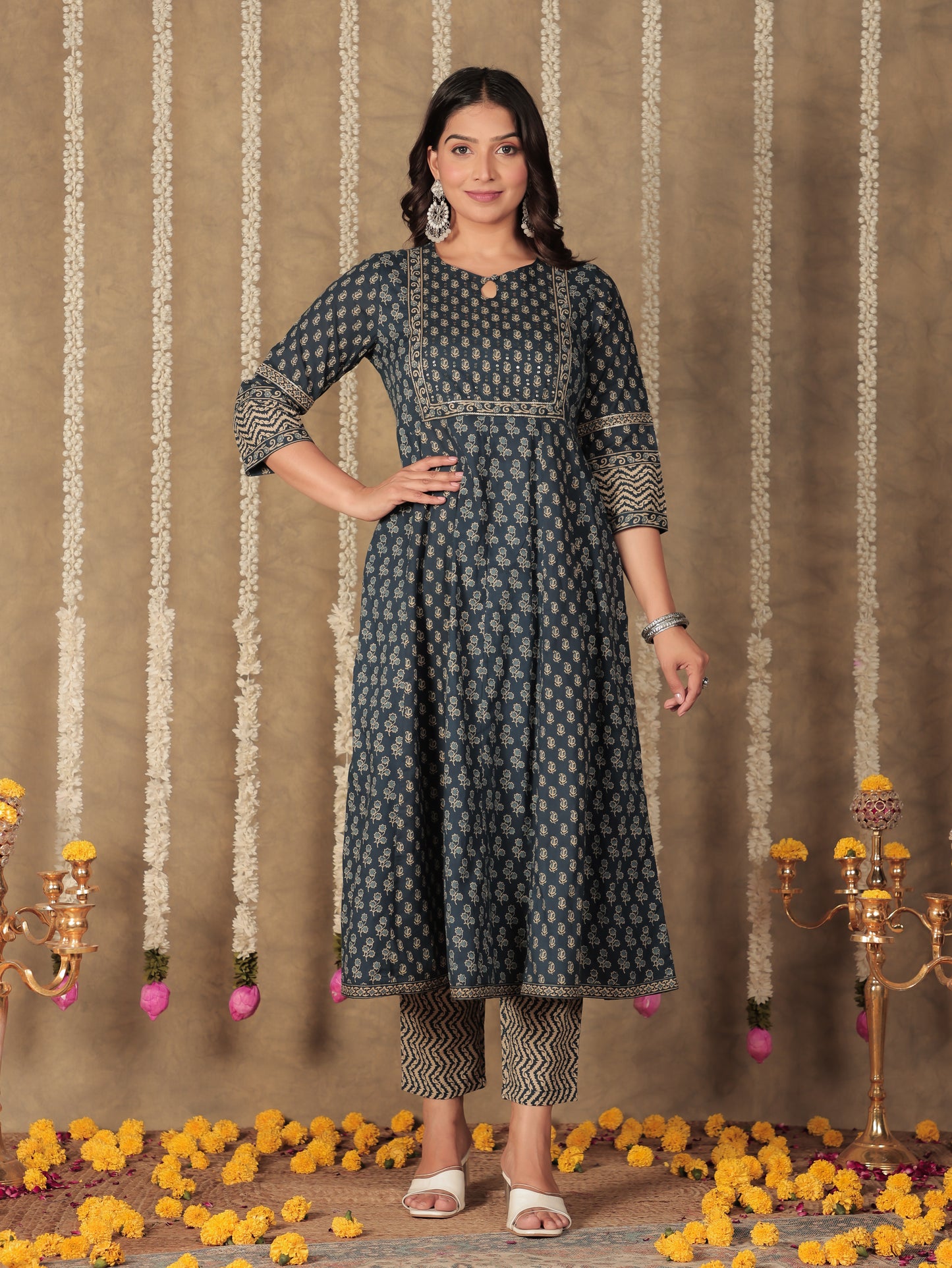 Soft Cotton Block Anarkali Blue Kurta