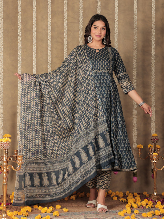 Soft Cotton Block Anarkali Blue Kurta