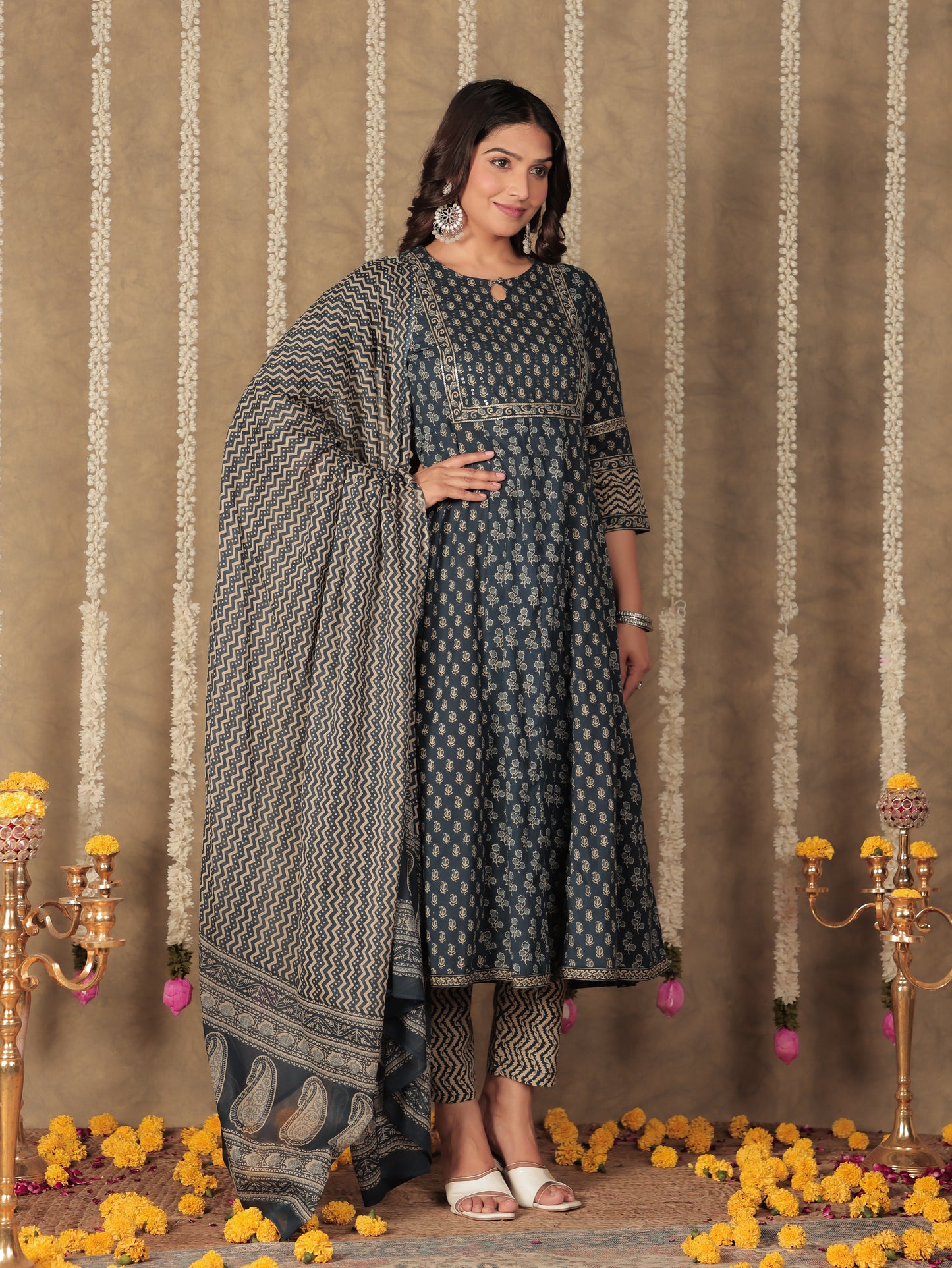Soft Cotton Block Anarkali Blue Kurta