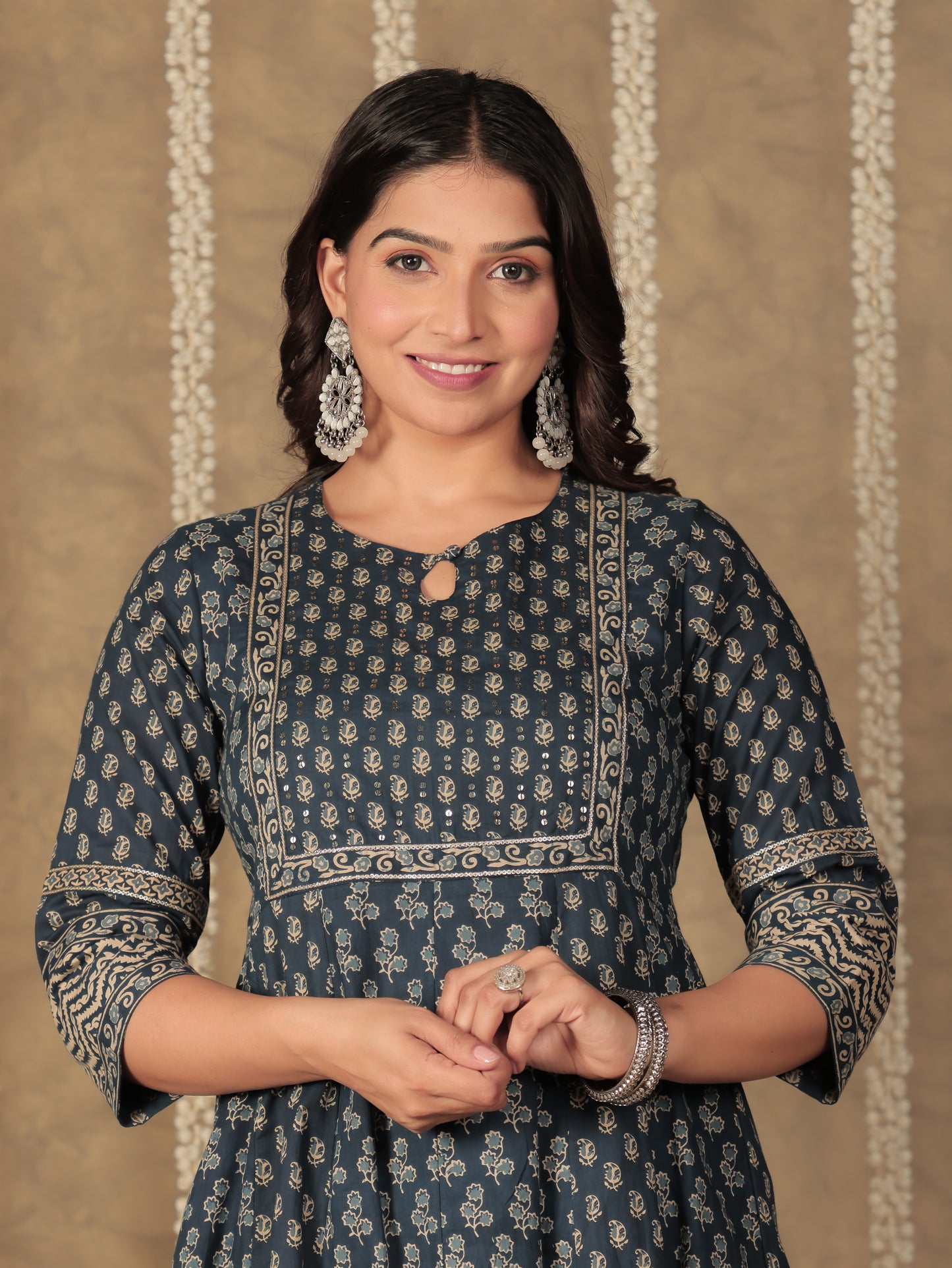 Soft Cotton Block Anarkali Blue Kurta
