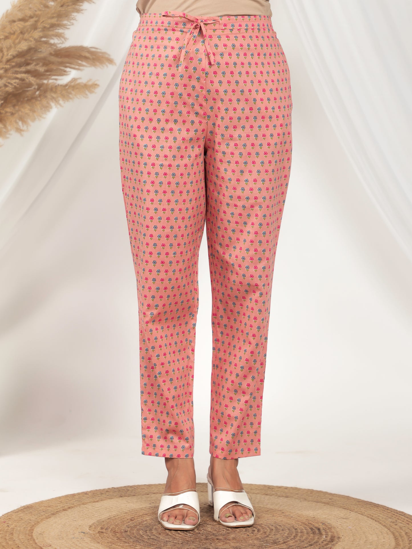 Soft Cotton Floral Peach Straight Tapered Trousers