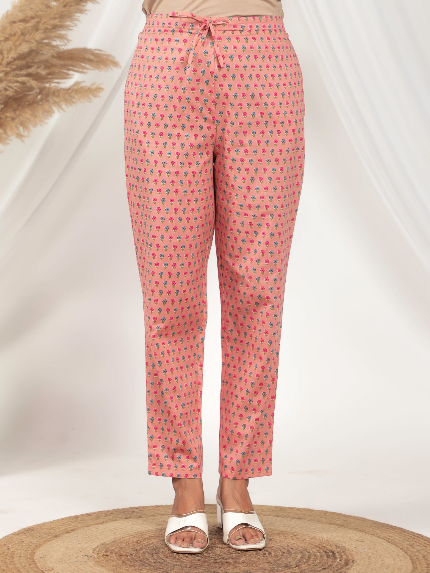 Soft Cotton Floral Peach Straight Tapered Trousers