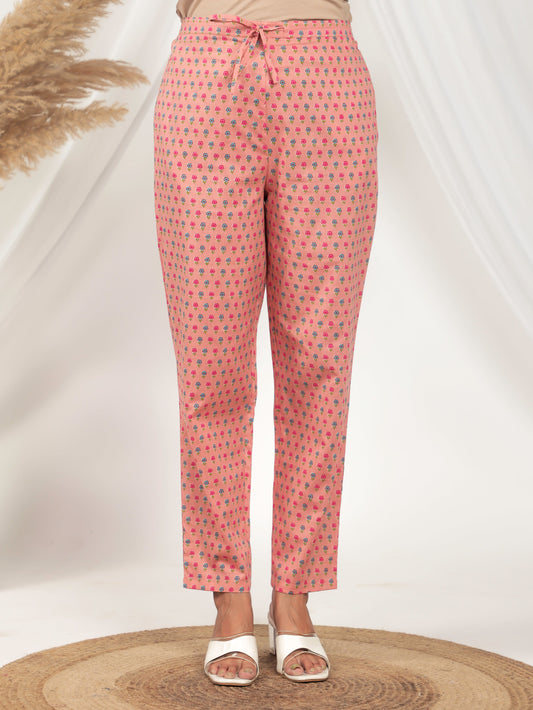 Soft Cotton Floral Peach Straight Tapered Trousers
