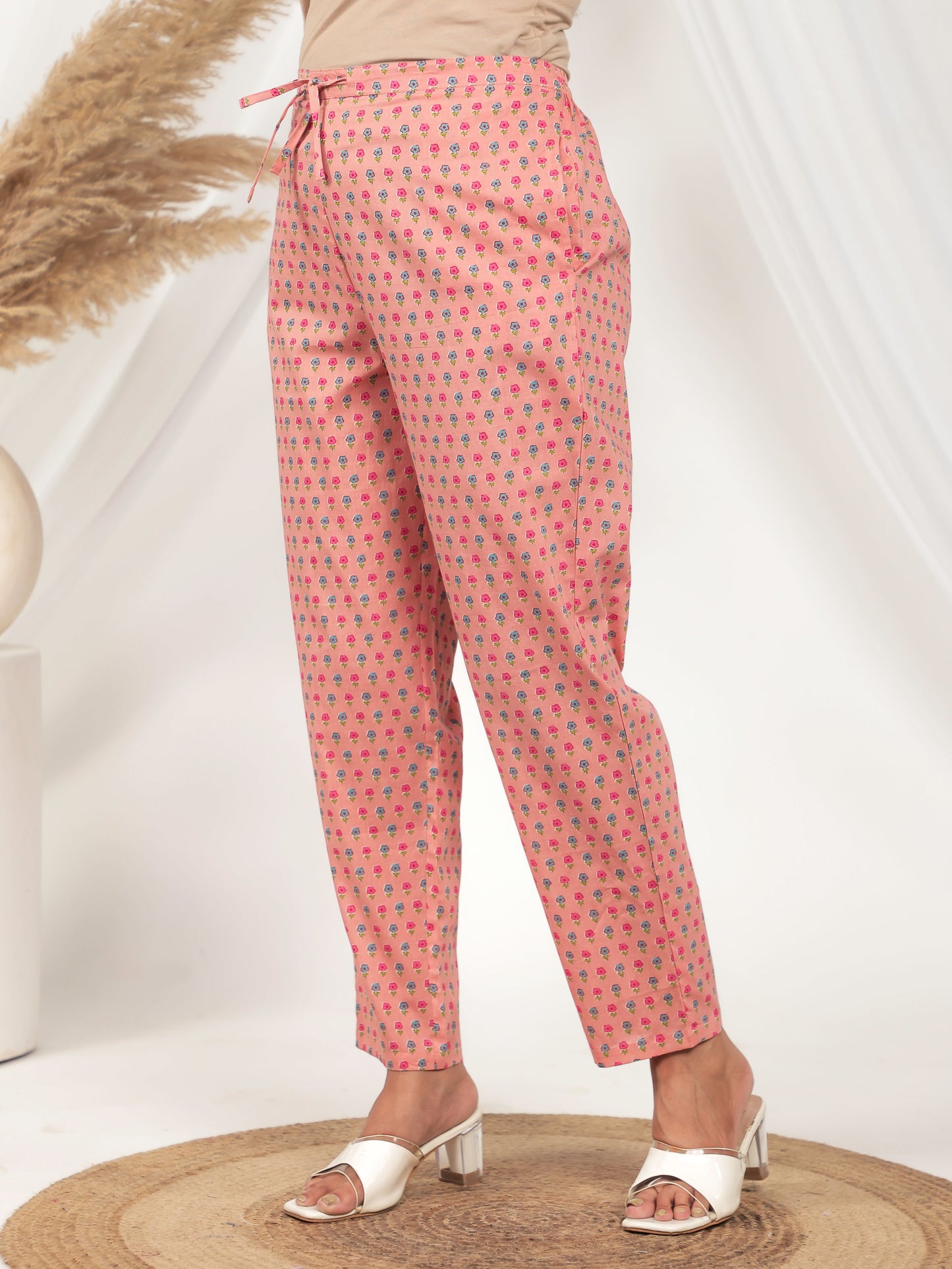 Soft Cotton Floral Peach Straight Tapered Trousers