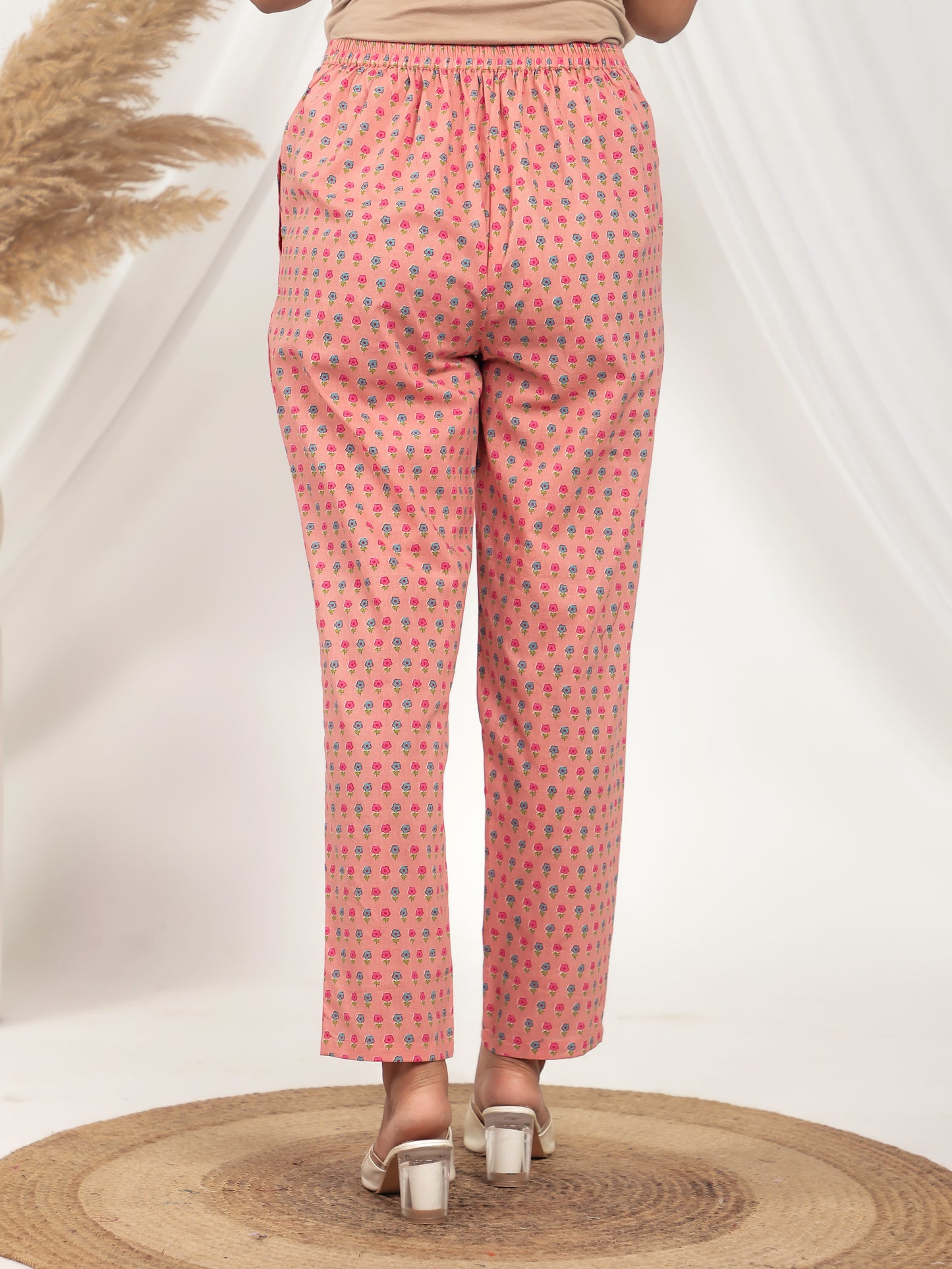 Soft Cotton Floral Peach Straight Tapered Trousers