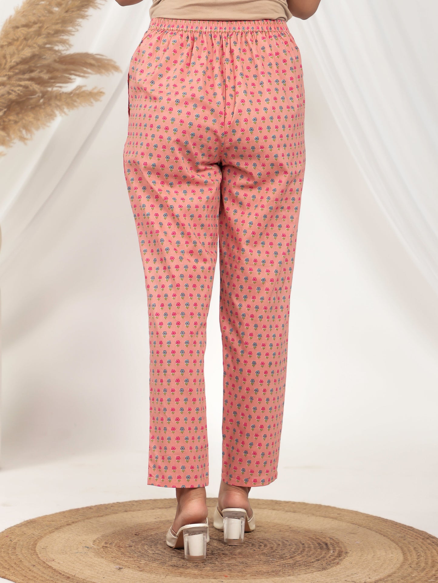 Soft Cotton Floral Peach Straight Tapered Trousers