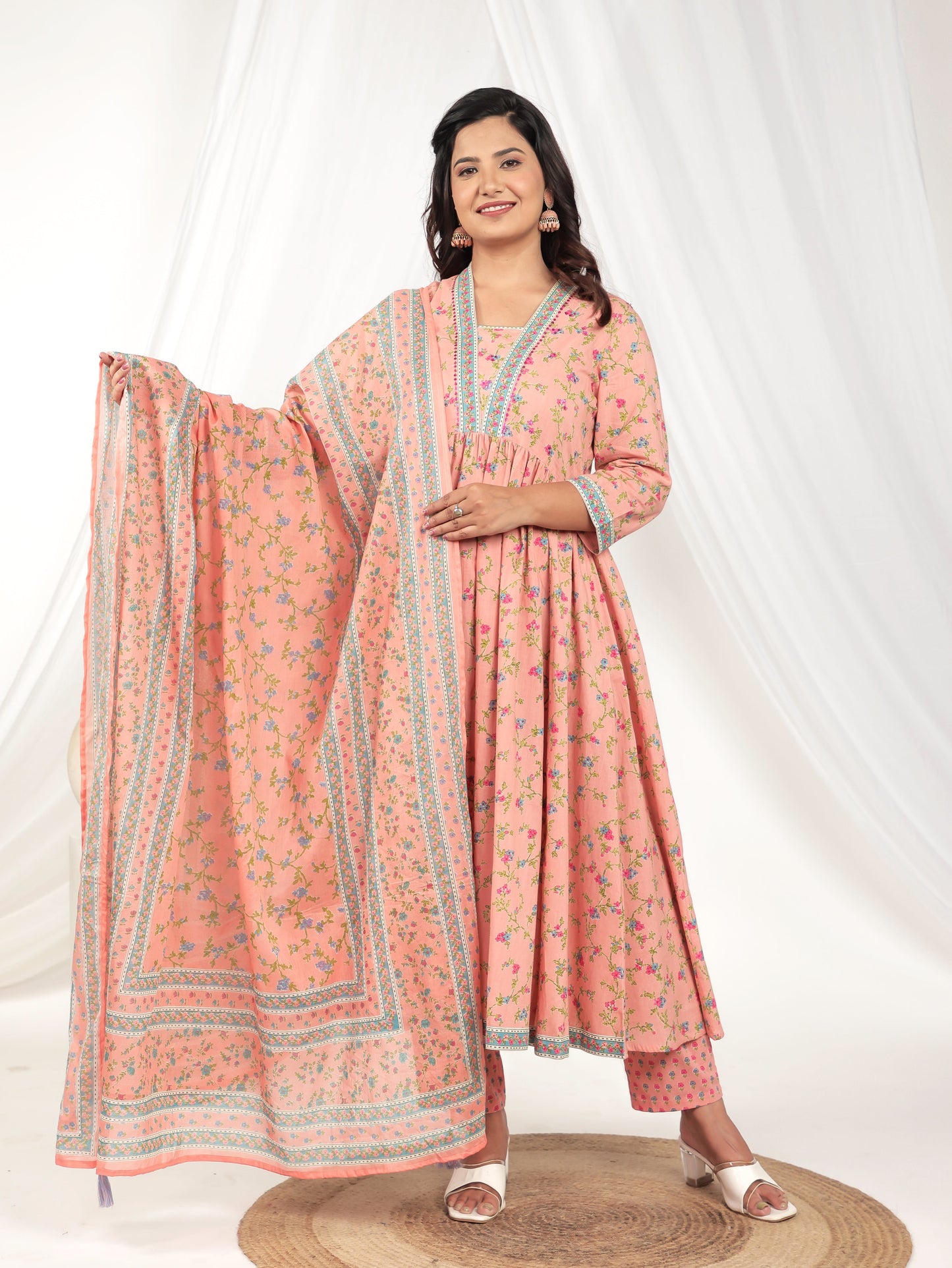 Voile Cotton Floral Peach Dupatta