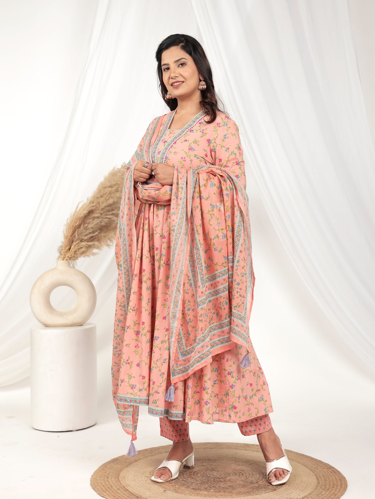 Voile Cotton Floral Peach Dupatta