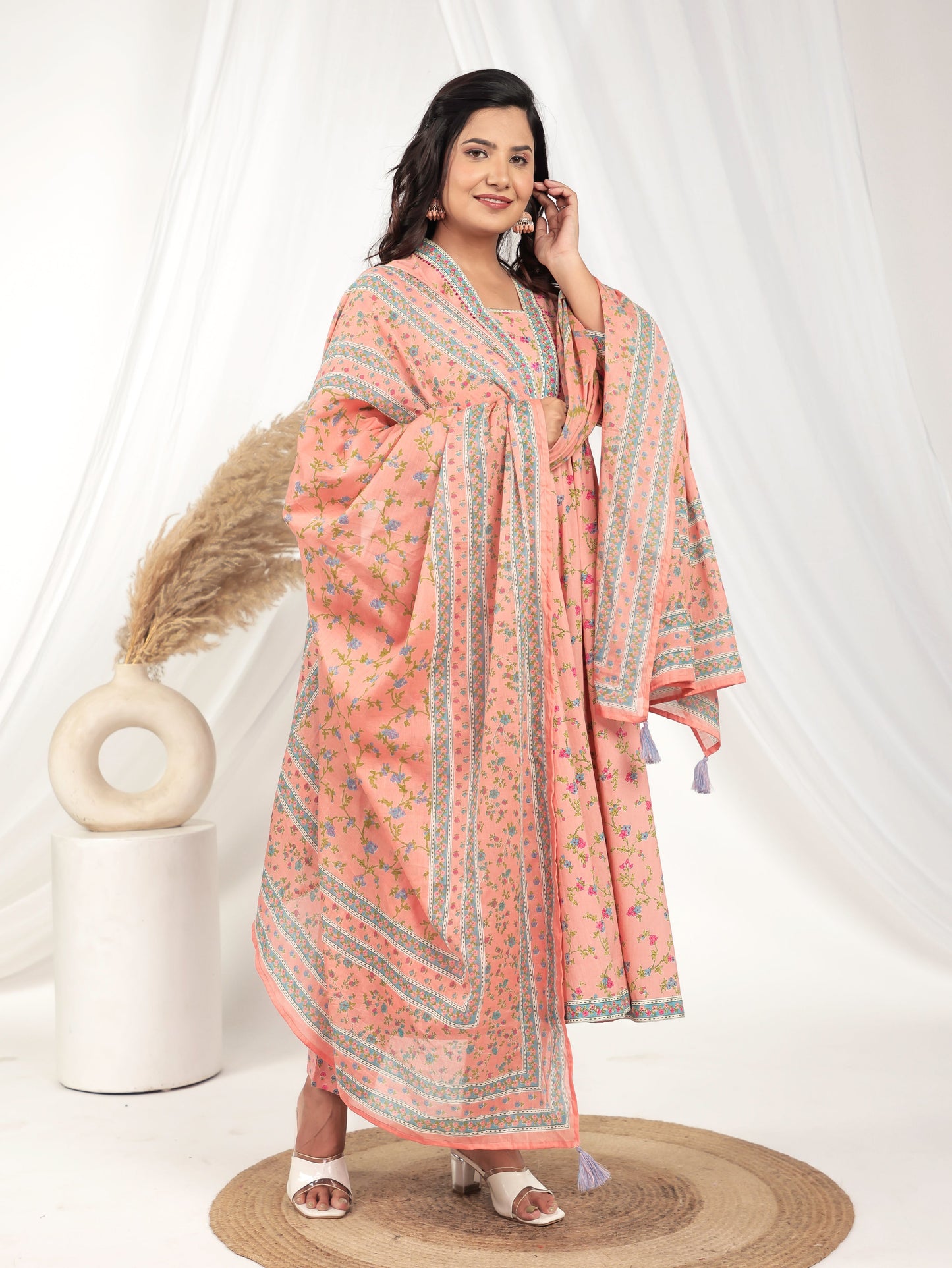 Voile Cotton Floral Peach Dupatta