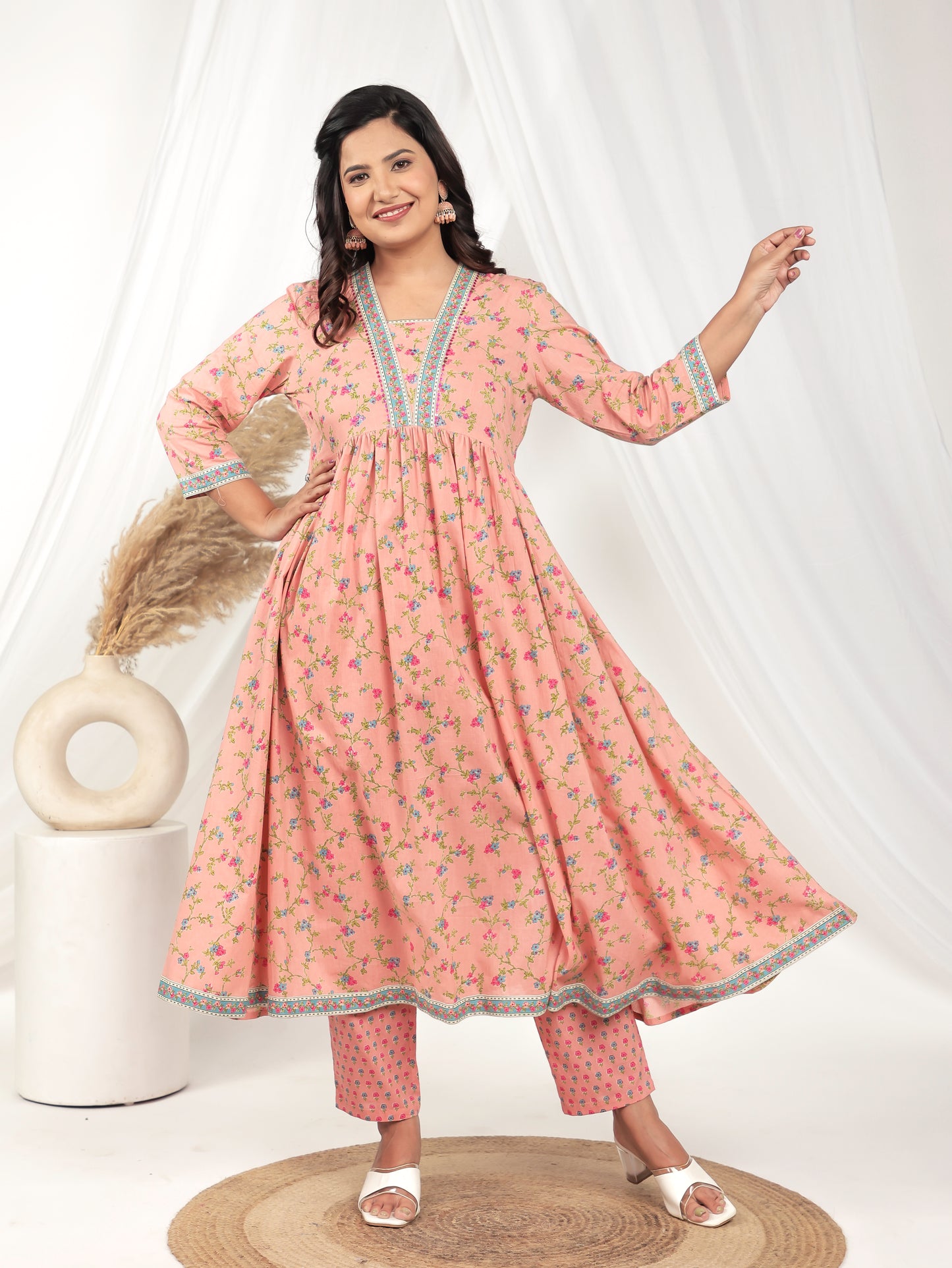 Embroidered Soft Cotton Floral Anarkali Peach Kurta