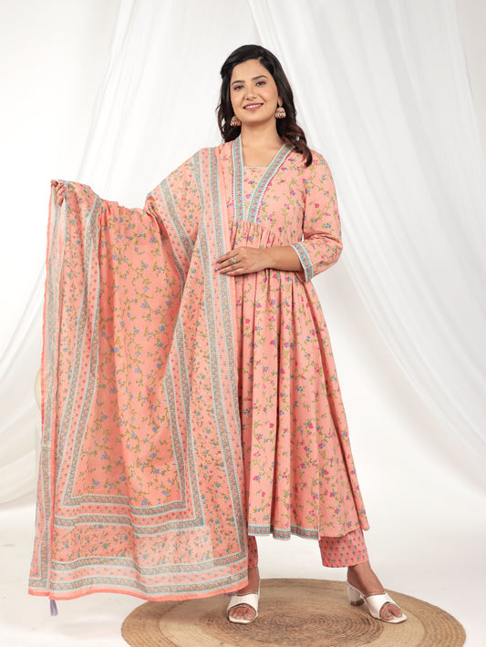 Embroidered Soft Cotton Floral Anarkali Peach Kurta