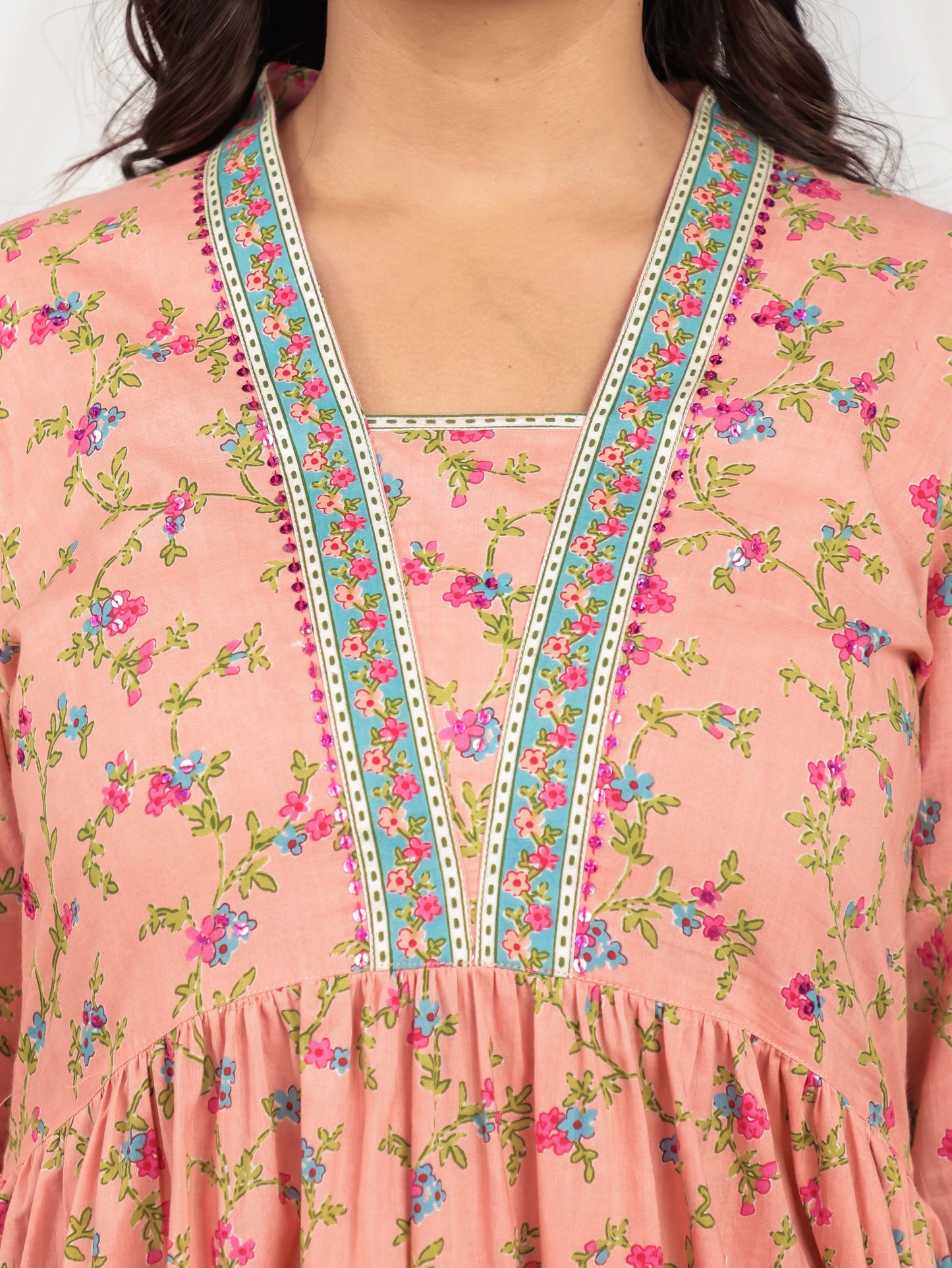 Embroidered Soft Cotton Floral Anarkali Peach Kurta