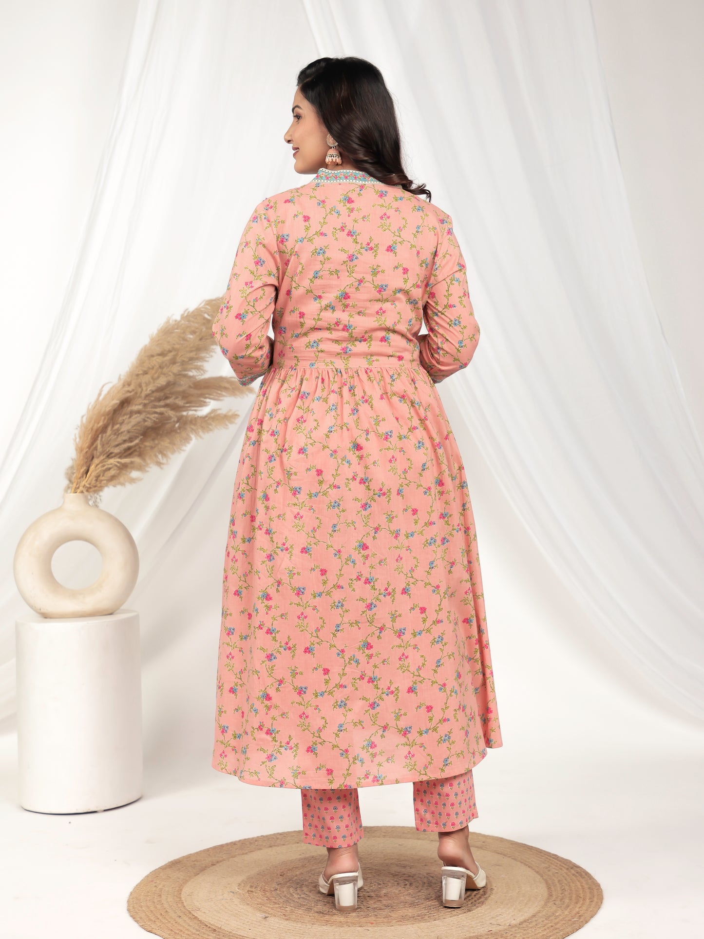 Embroidered Soft Cotton Floral Anarkali Peach Kurta