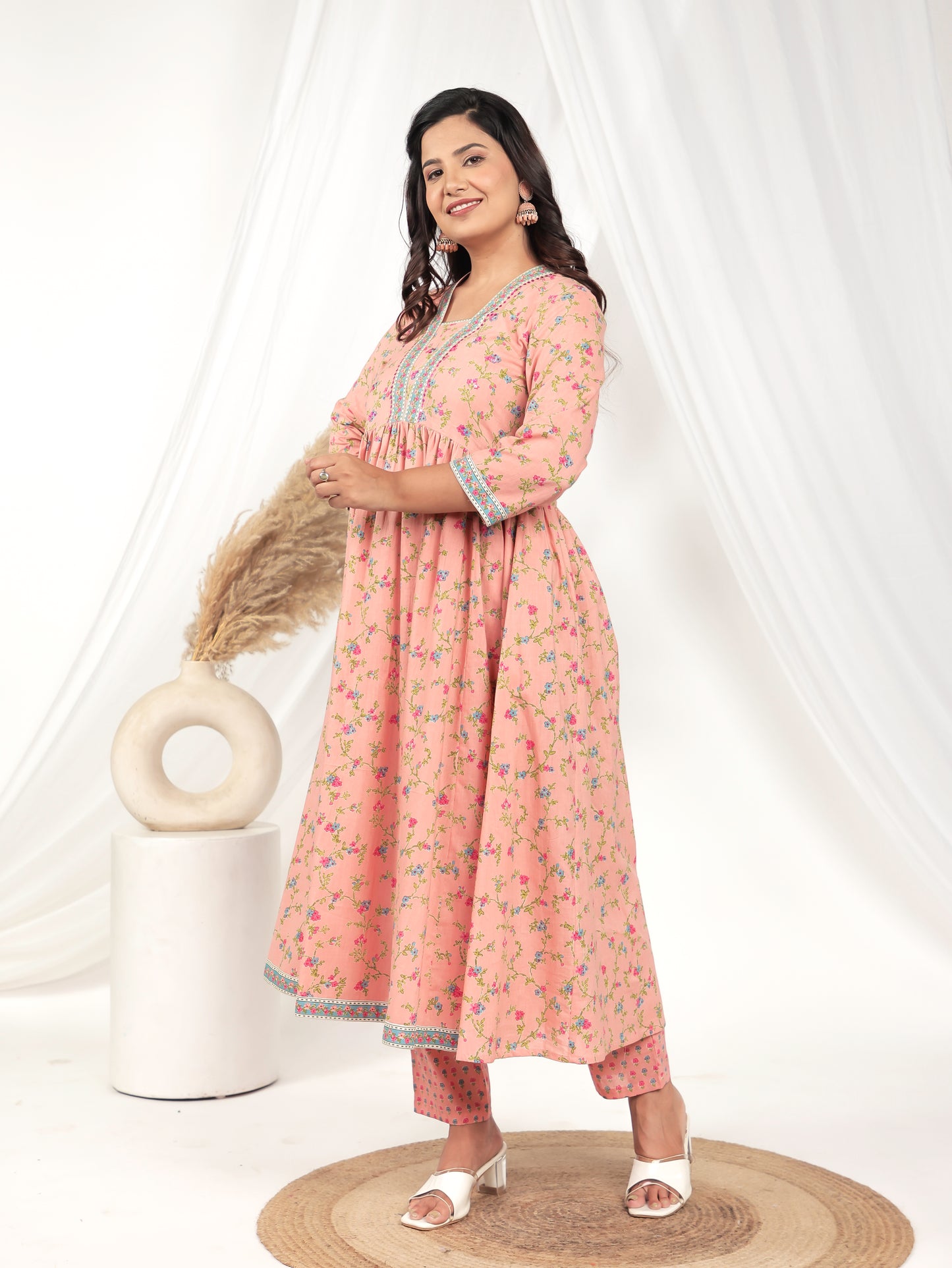 Embroidered Soft Cotton Floral Anarkali Peach Kurta