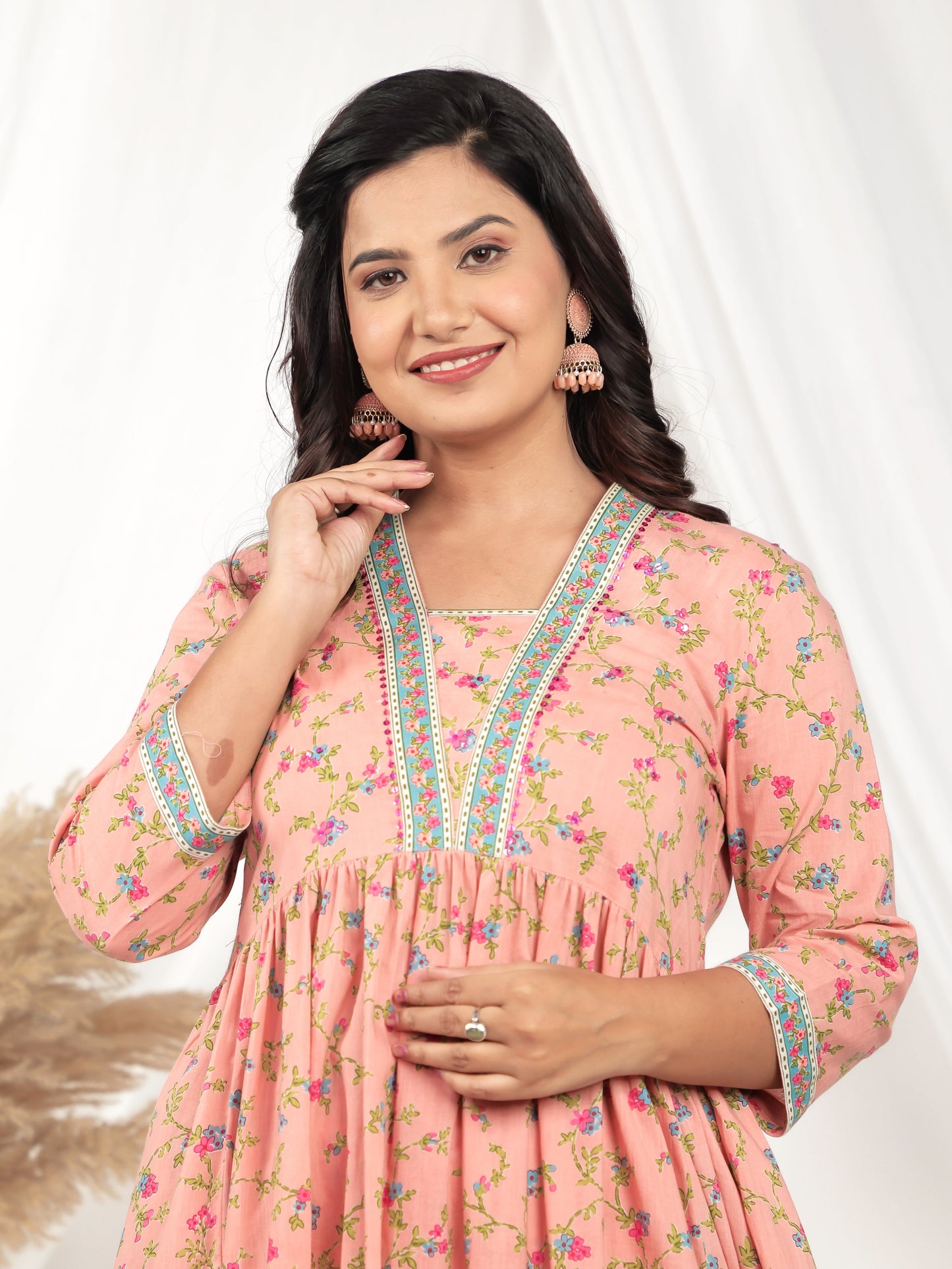 Embroidered Soft Cotton Floral Anarkali Peach Kurta