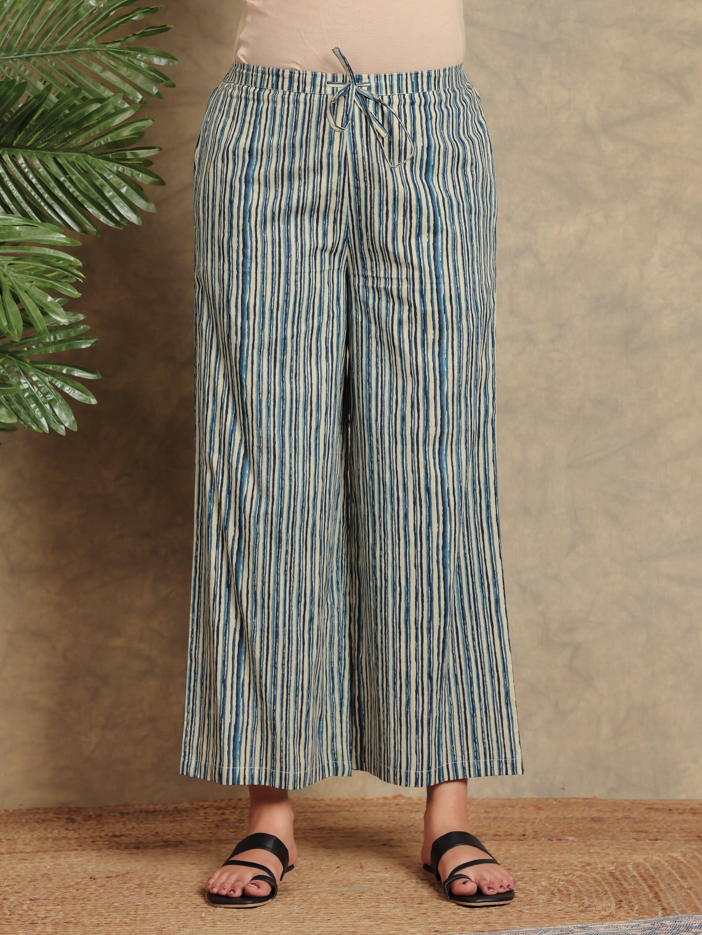 Soft Cotton Striped Blue Flared Trousers