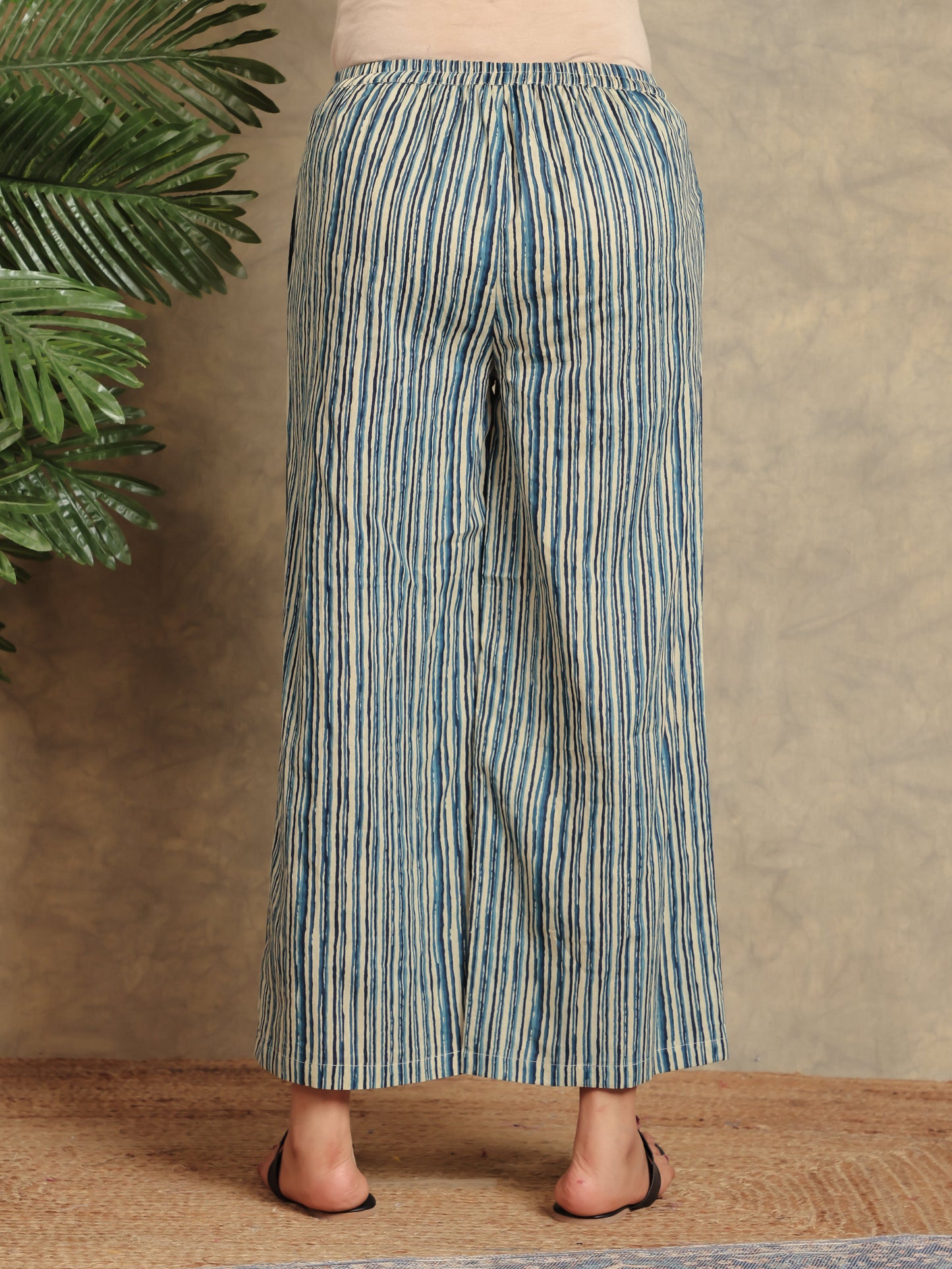 Soft Cotton Striped Blue Flared Trousers