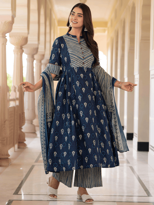 Cotton Voile Floral Blue Dupatta