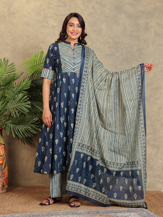 Cotton Voile Floral Blue Dupatta
