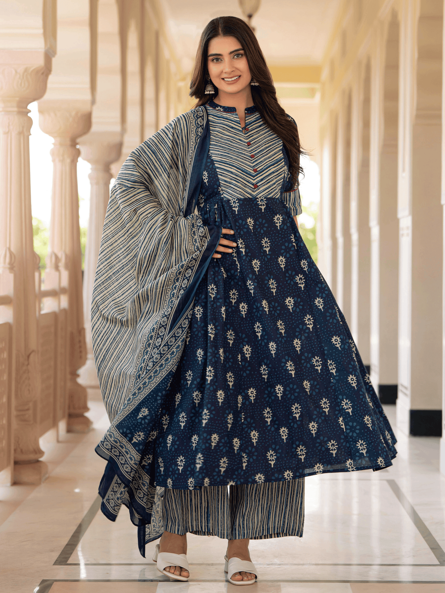 Cotton Voile Floral Blue Dupatta