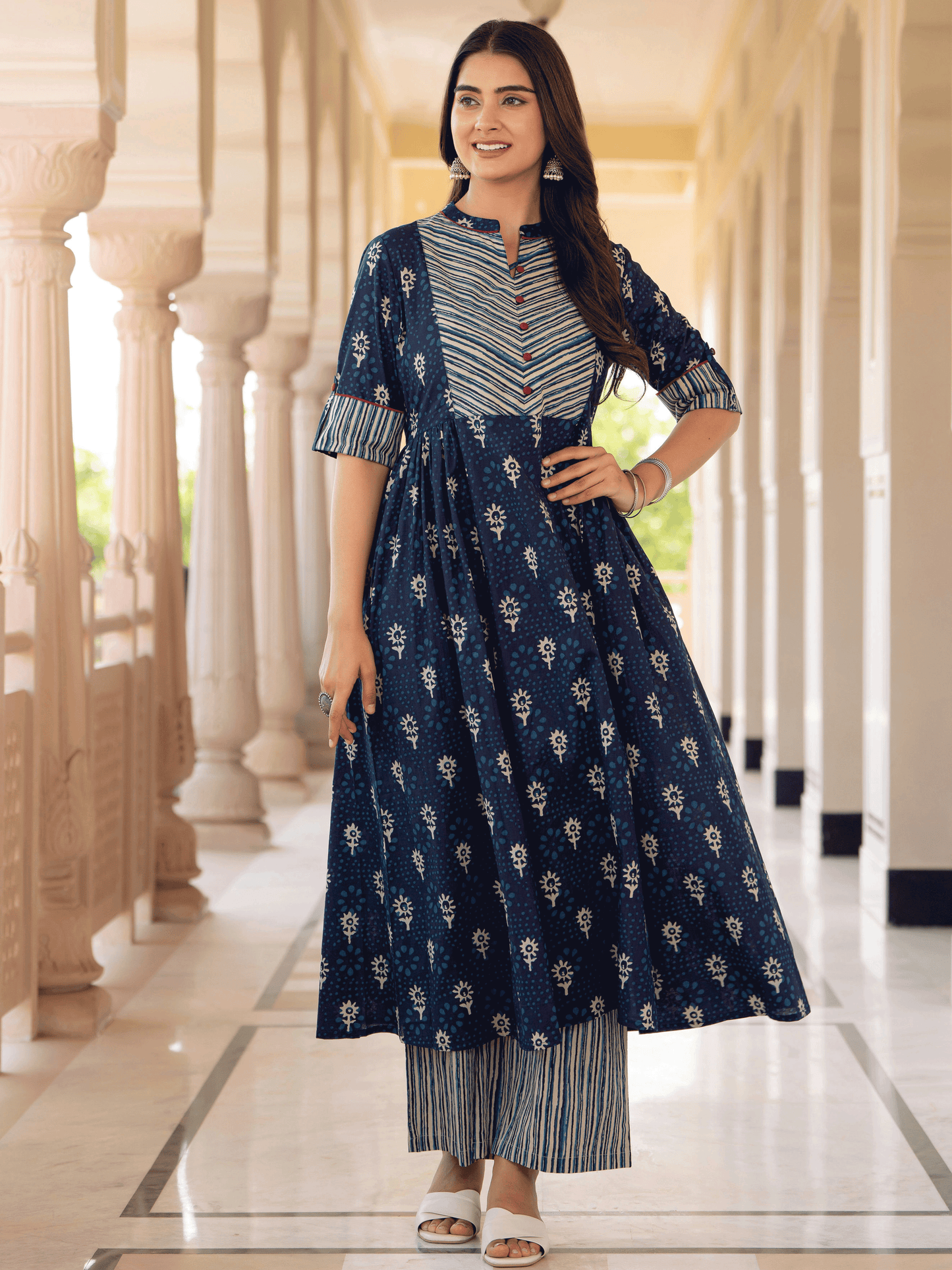 Soft Cotton Floral Flared Blue Kurta