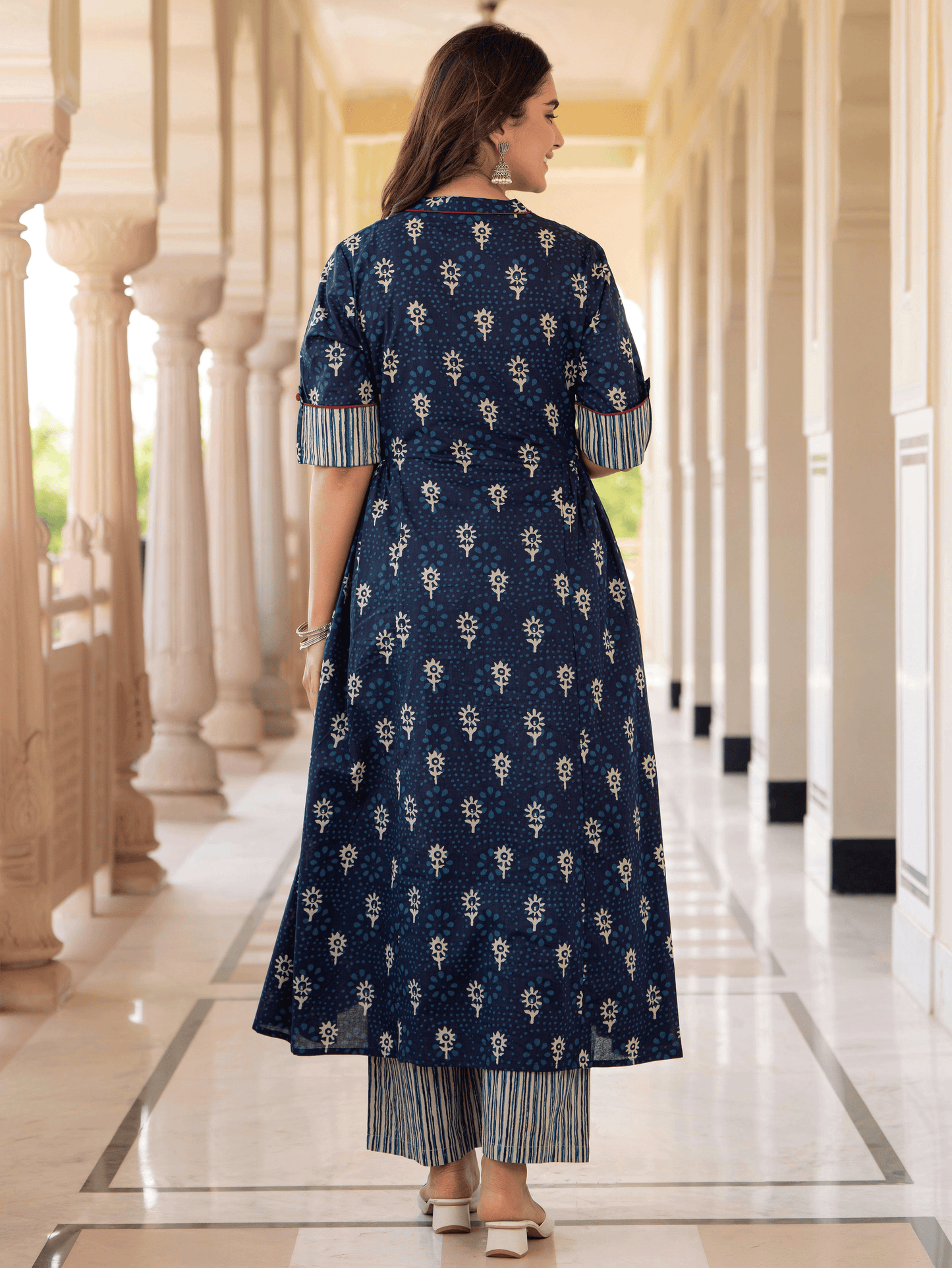 Soft Cotton Floral Flared Blue Kurta