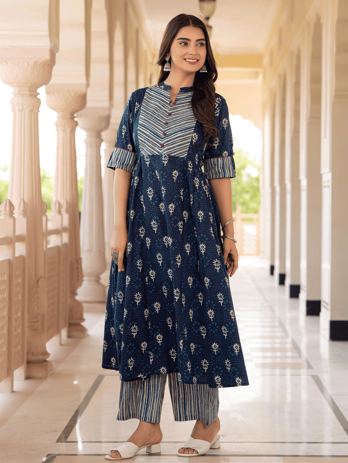 Soft Cotton Floral Flared Blue Kurta