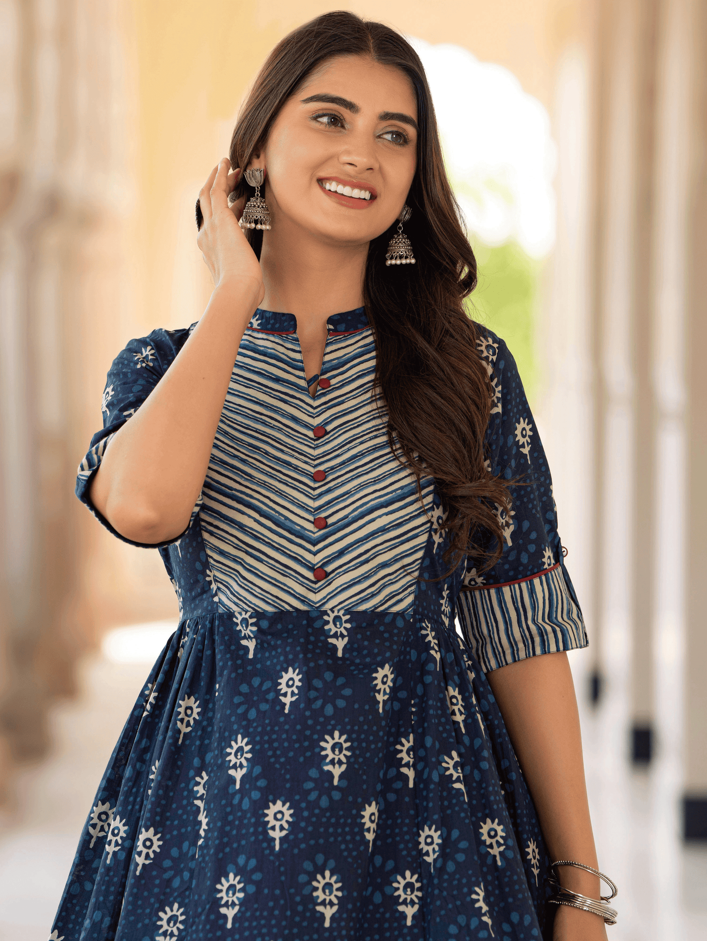Soft Cotton Floral Flared Blue Kurta