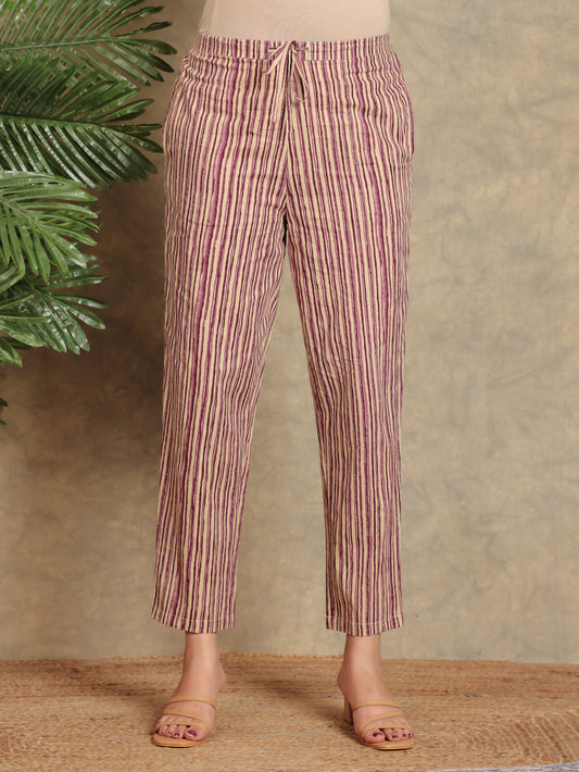 Soft Cotton Striped Purple Tapered Trousers